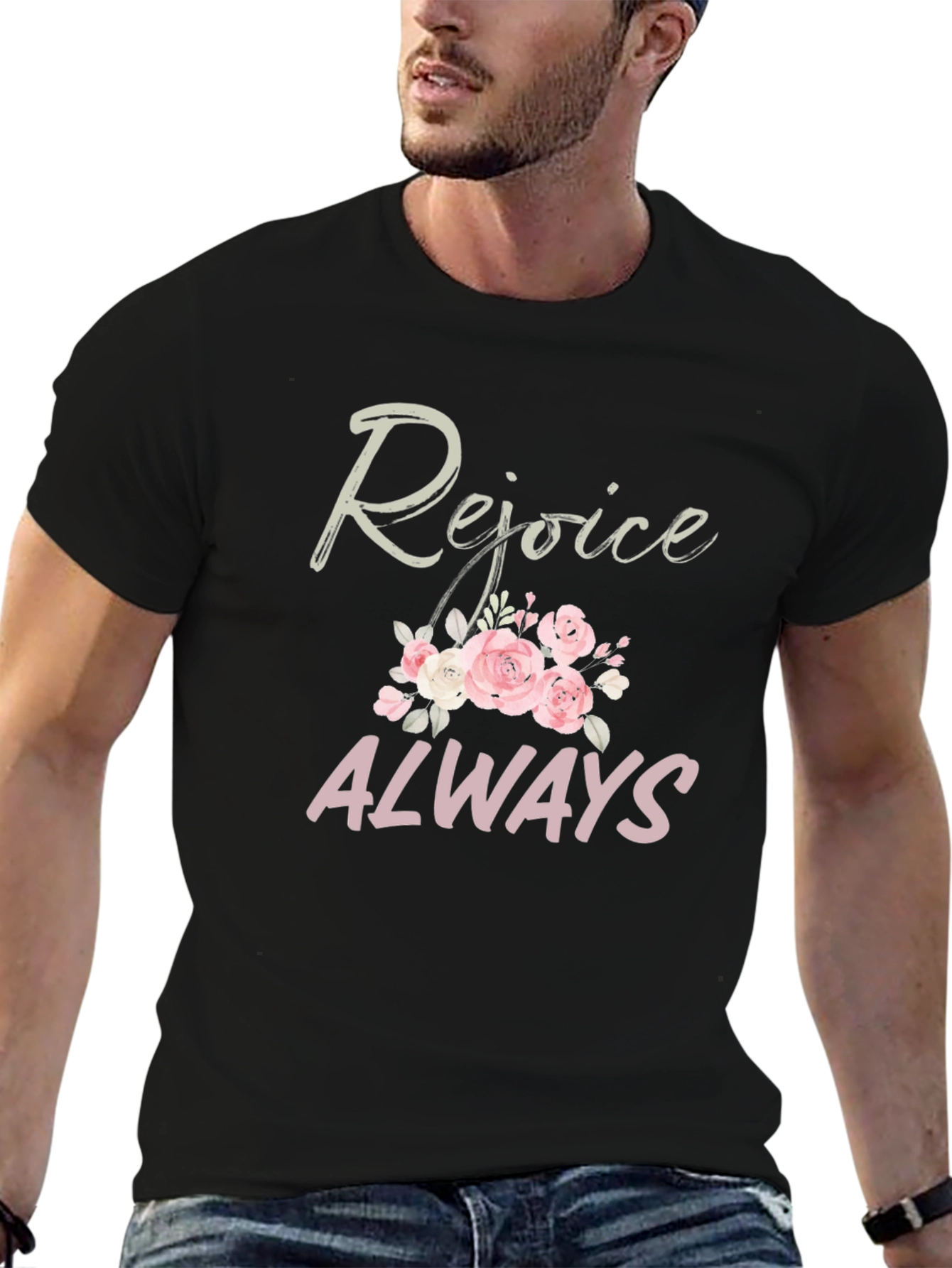 Rejoice Always Black T-Shirt with Floral Design