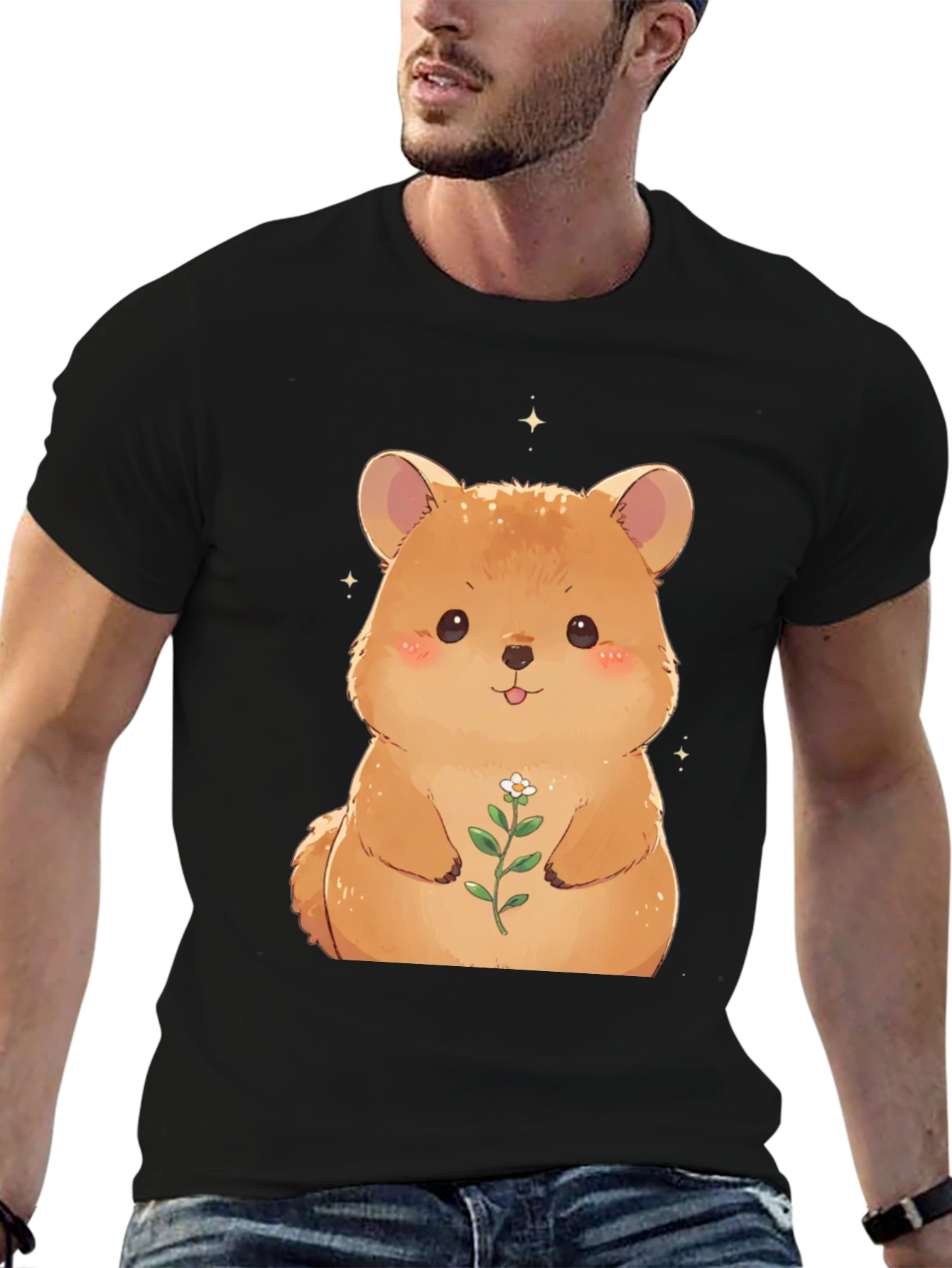 Cute Hamster Flower T-Shirt - Black