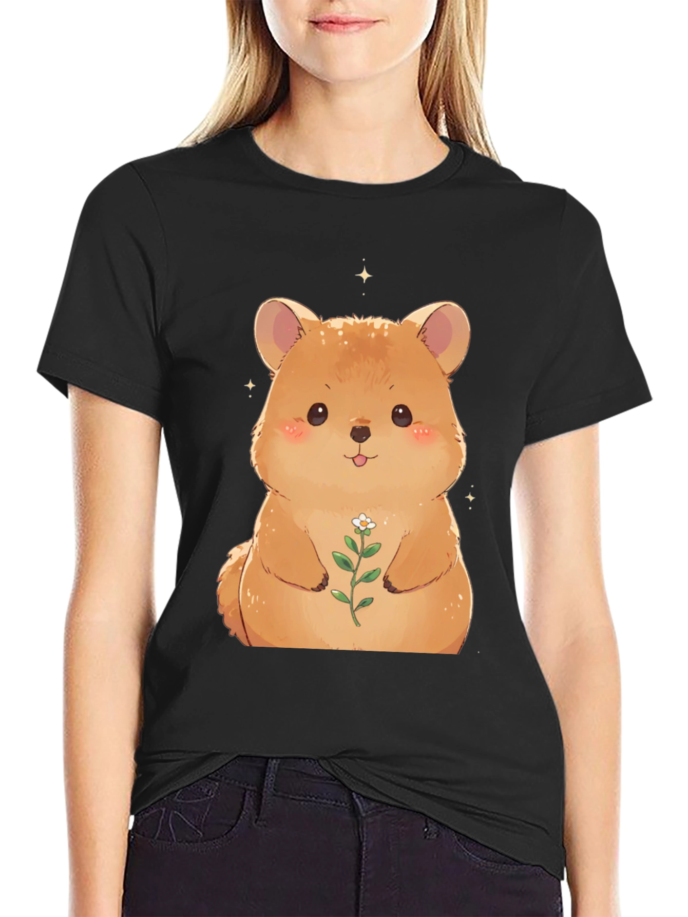 Cute Hamster Flower T-Shirt - Black