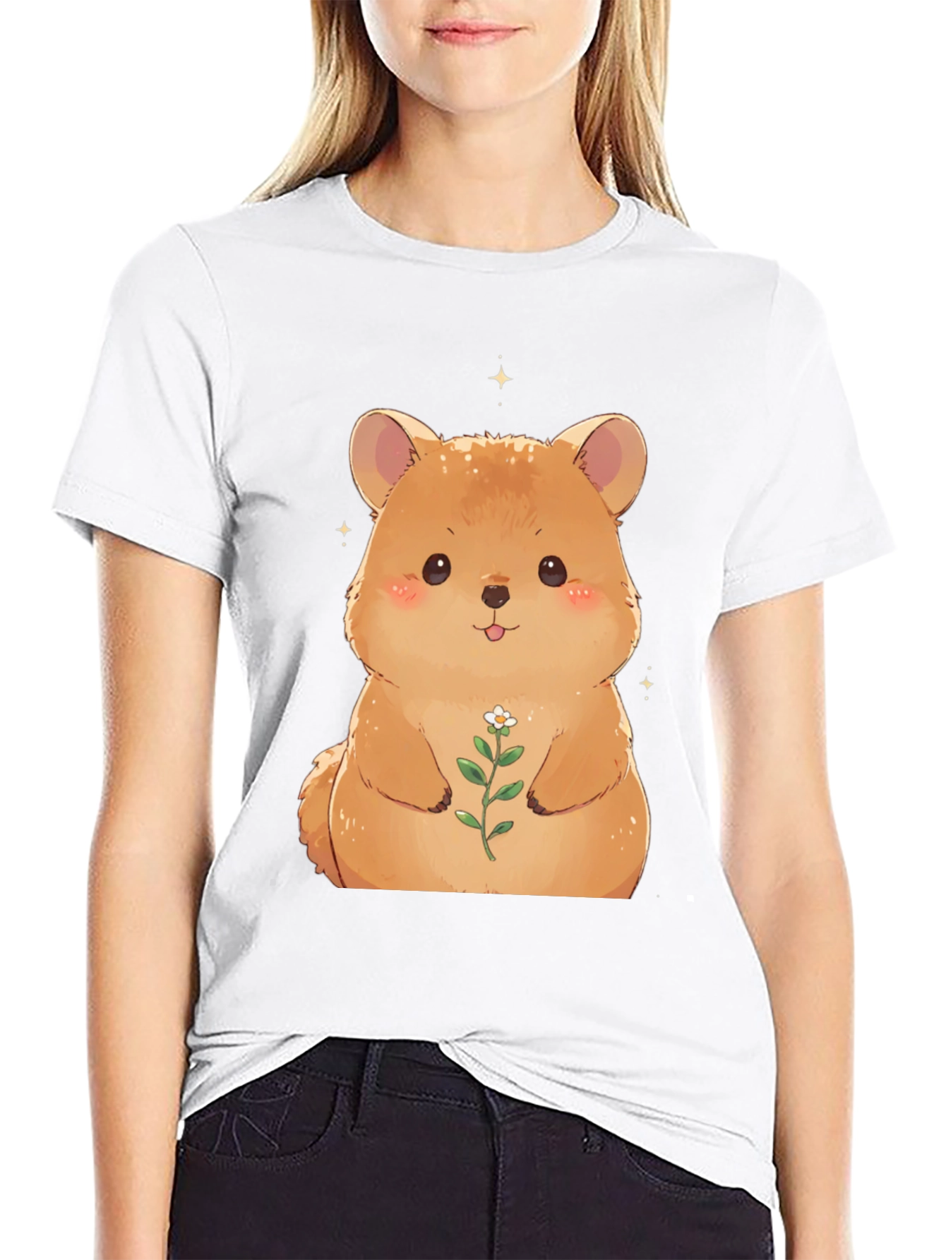 Cute Hamster Flower T-Shirt - Black