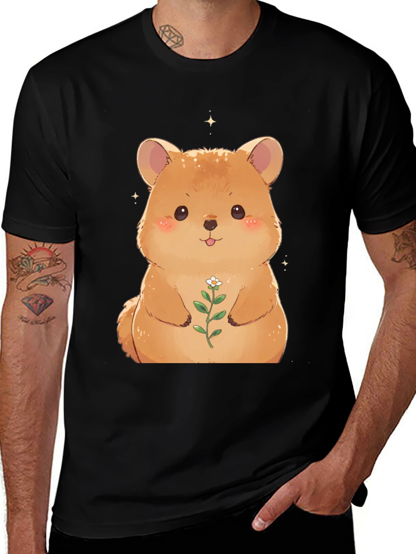 Cute Hamster Flower T-Shirt - Black