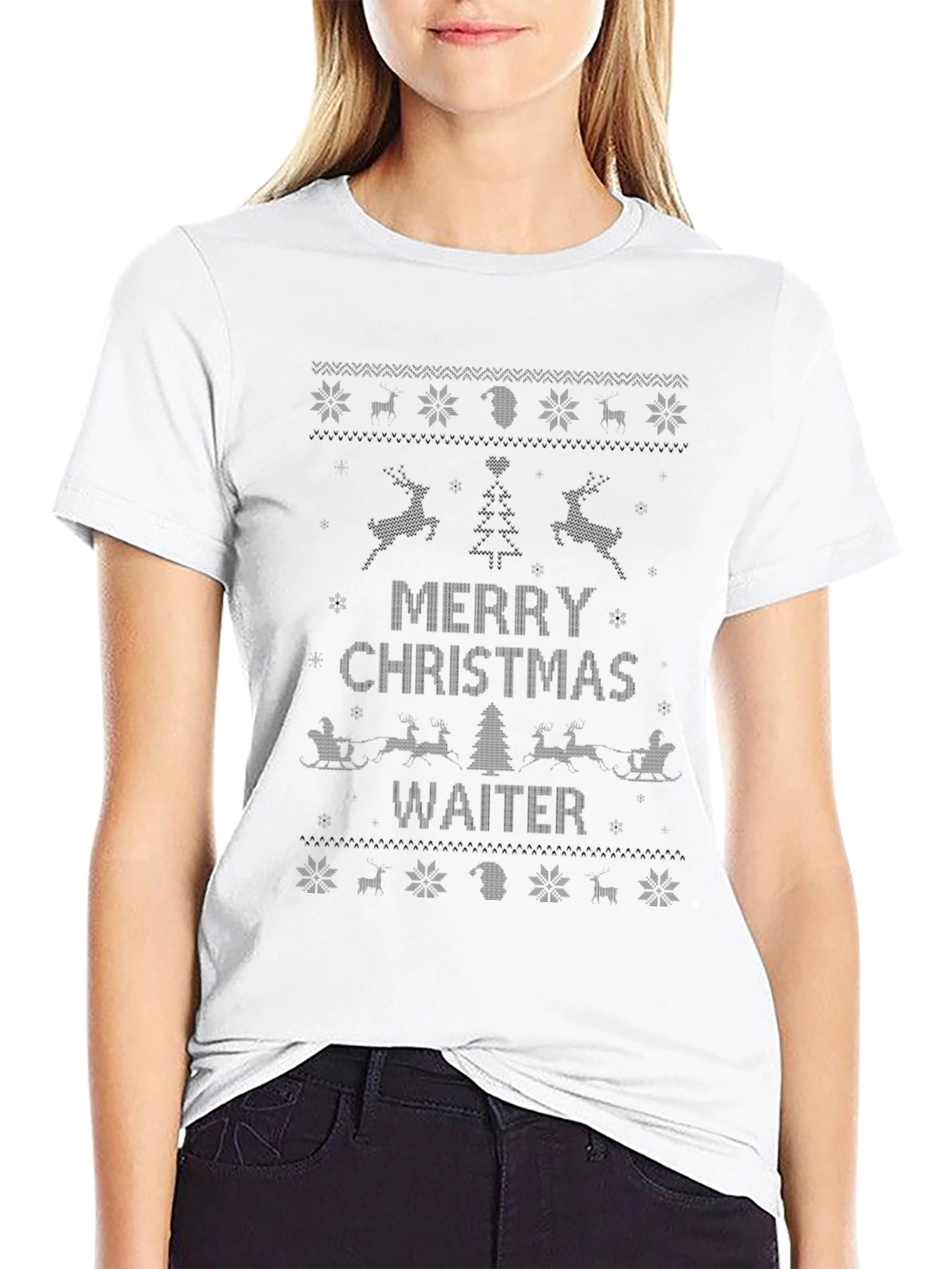 Merry Christmas Waiter Ugly Sweater Style T-Shirt