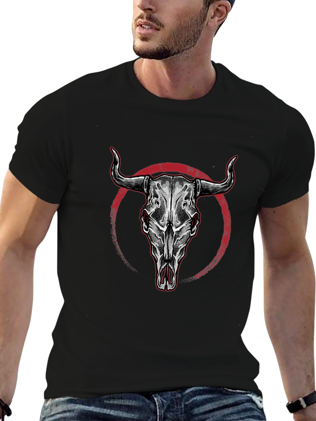 Bull Skull Graphic Print Black T-Shirt