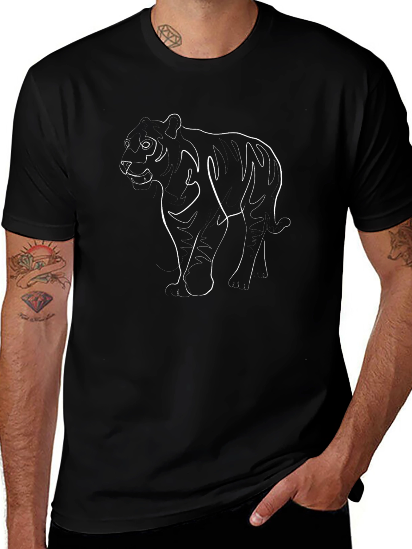 Minimalist Tiger Outline Black T-Shirt