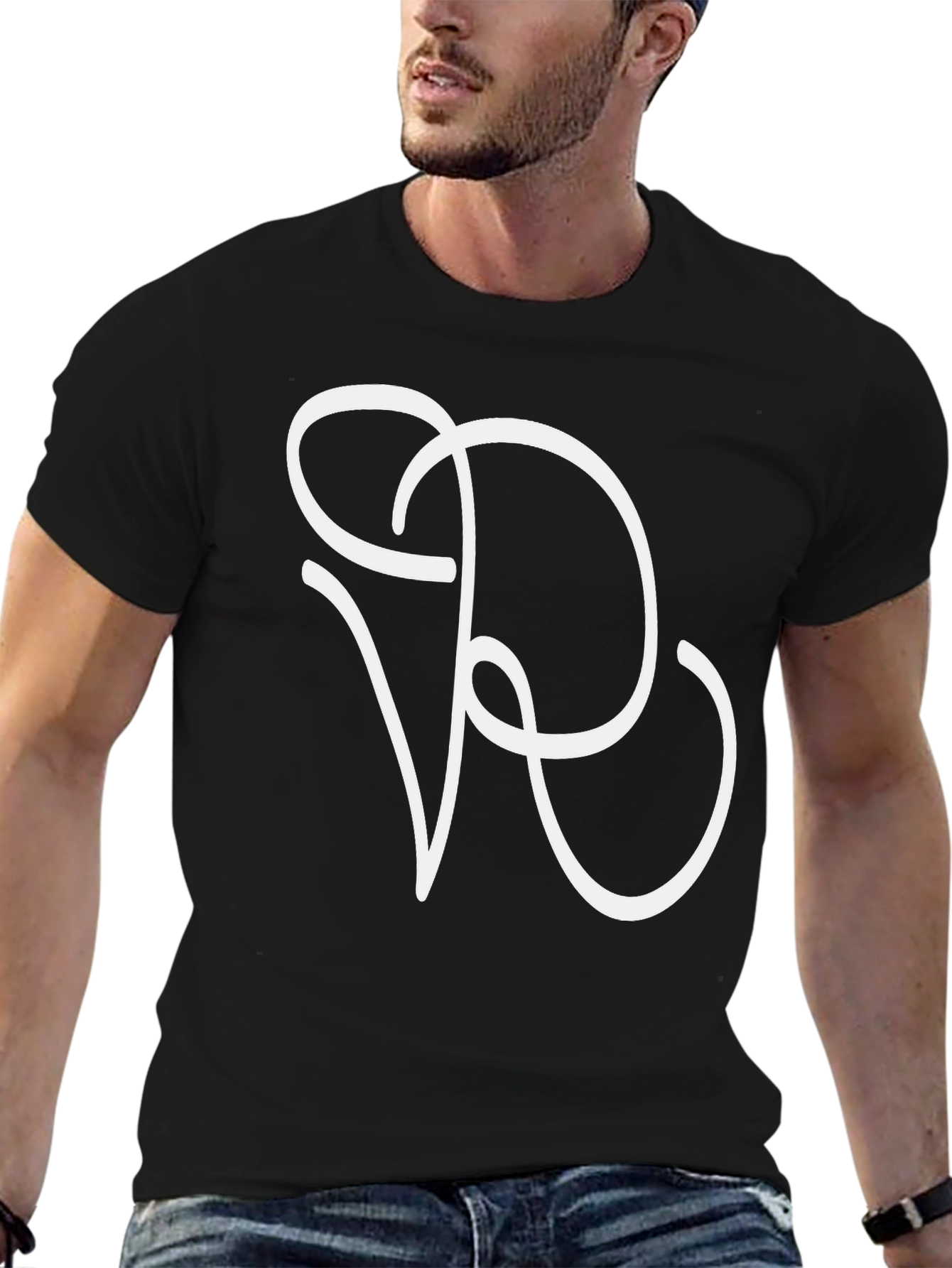 Minimalist White Initial R Graphic Black T-Shirt