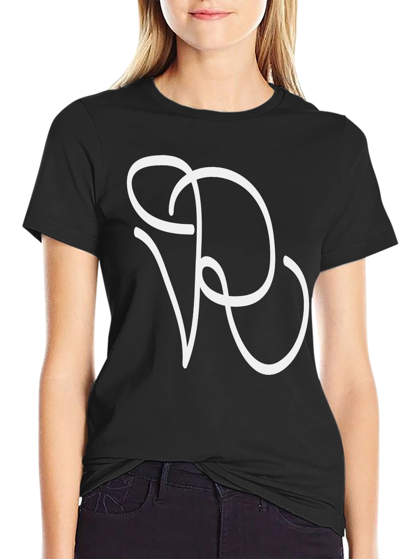 Minimalist White Initial R Graphic Black T-Shirt