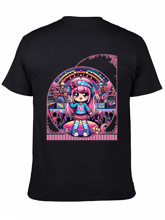 Anime Girl Band Graphic Tee - Black Cotton T-Shirt