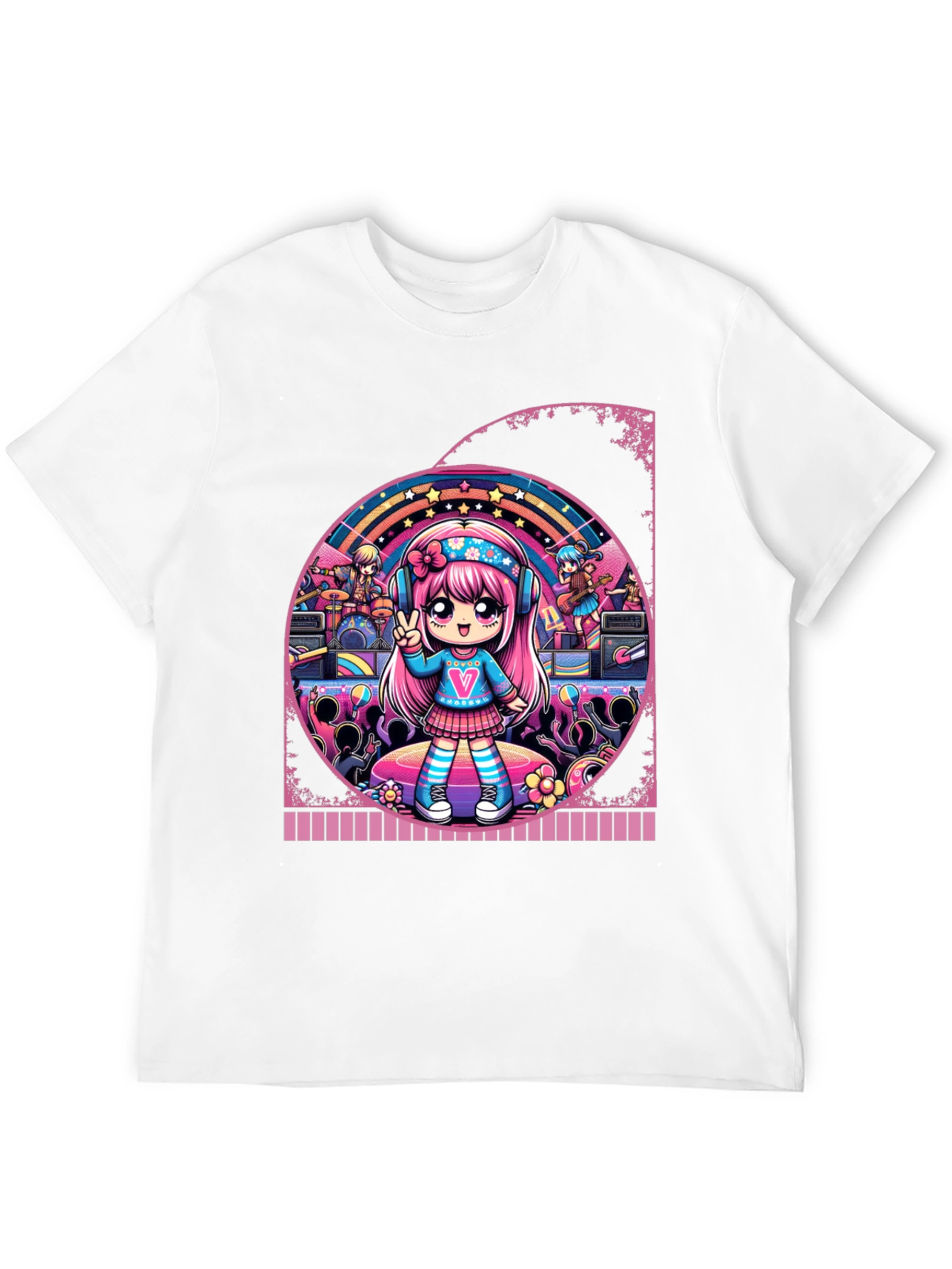 Anime Girl Band Graphic Tee - Black Cotton T-Shirt