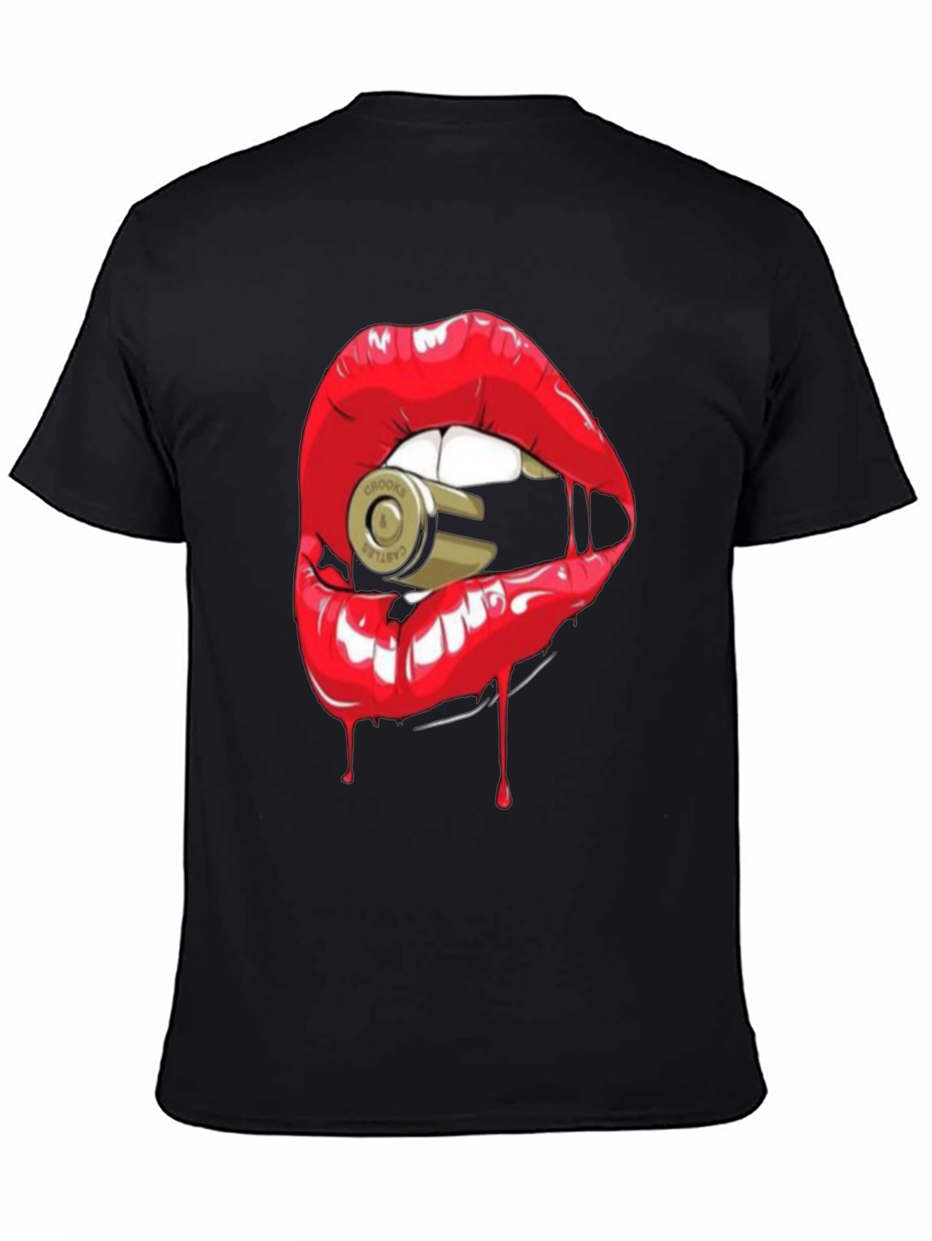 Red Lips Bullet Graphic Black T-Shirt