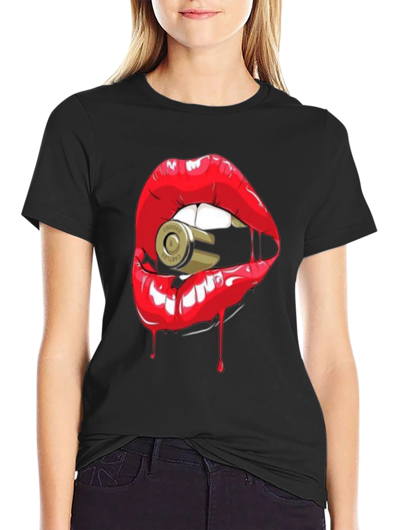 Red Lips Bullet Graphic Black T-Shirt