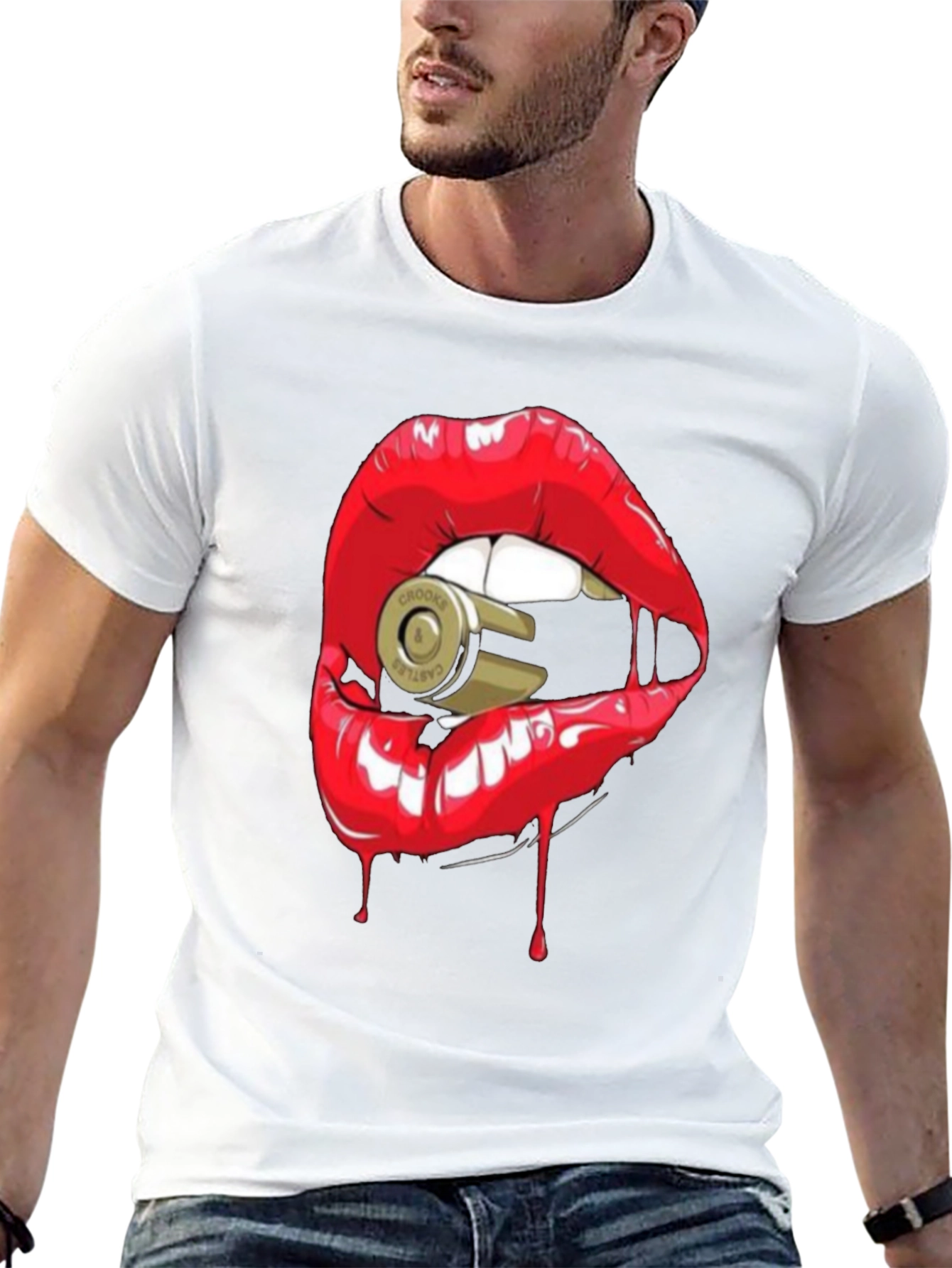 Red Lips Bullet Graphic Black T-Shirt