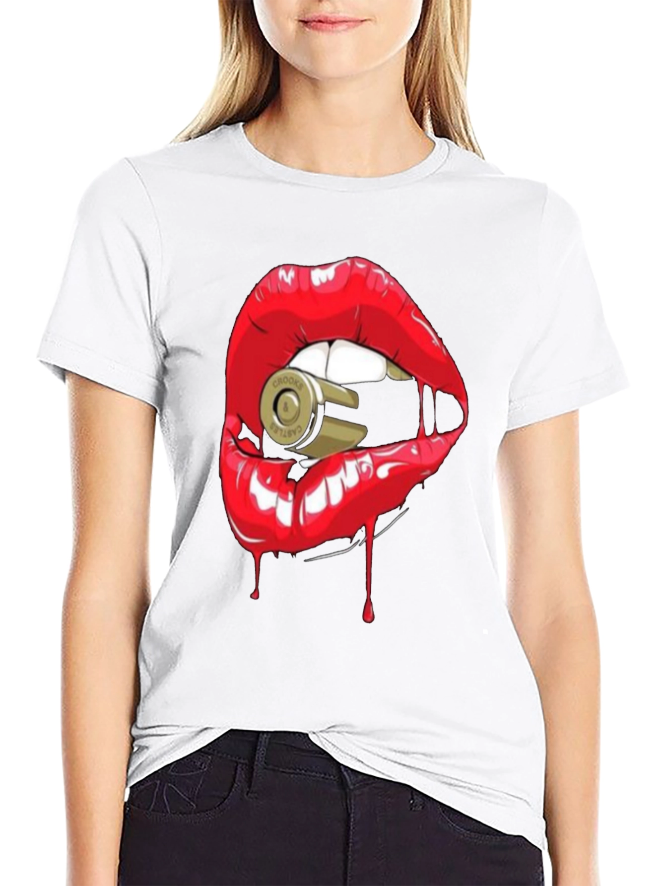 Red Lips Bullet Graphic Black T-Shirt
