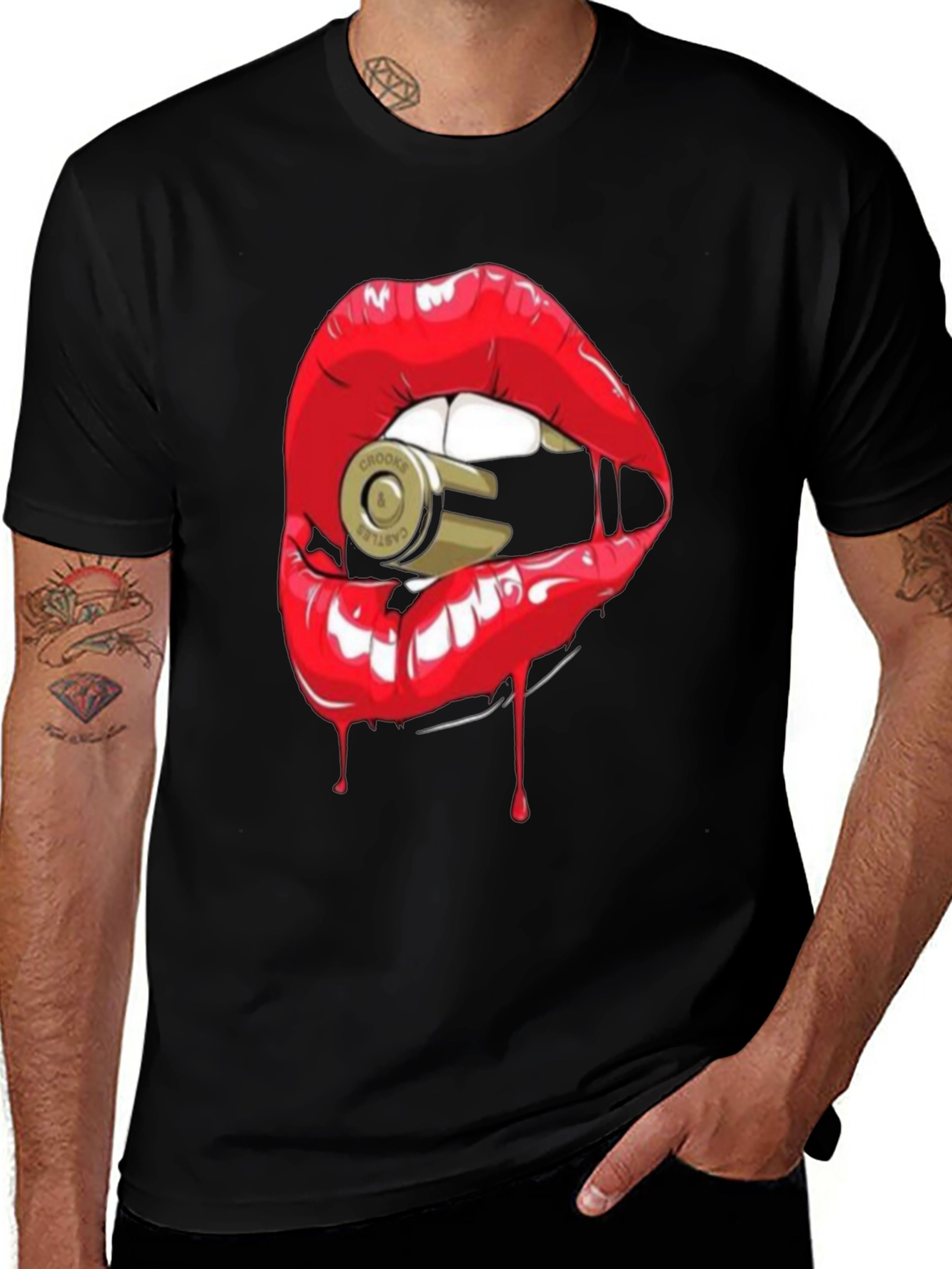 Red Lips Bullet Graphic Black T-Shirt