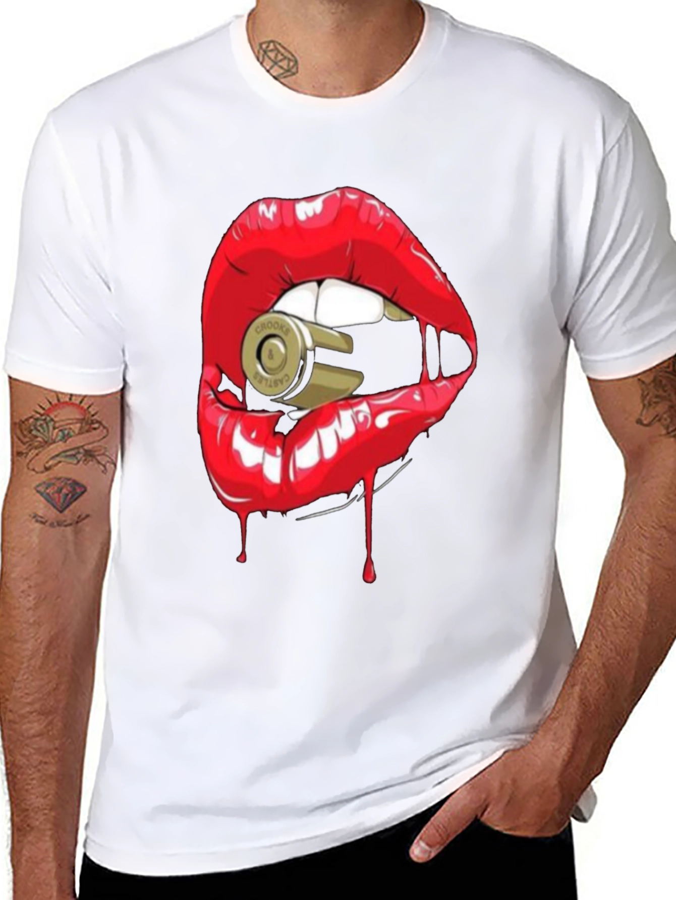 Red Lips Bullet Graphic Black T-Shirt