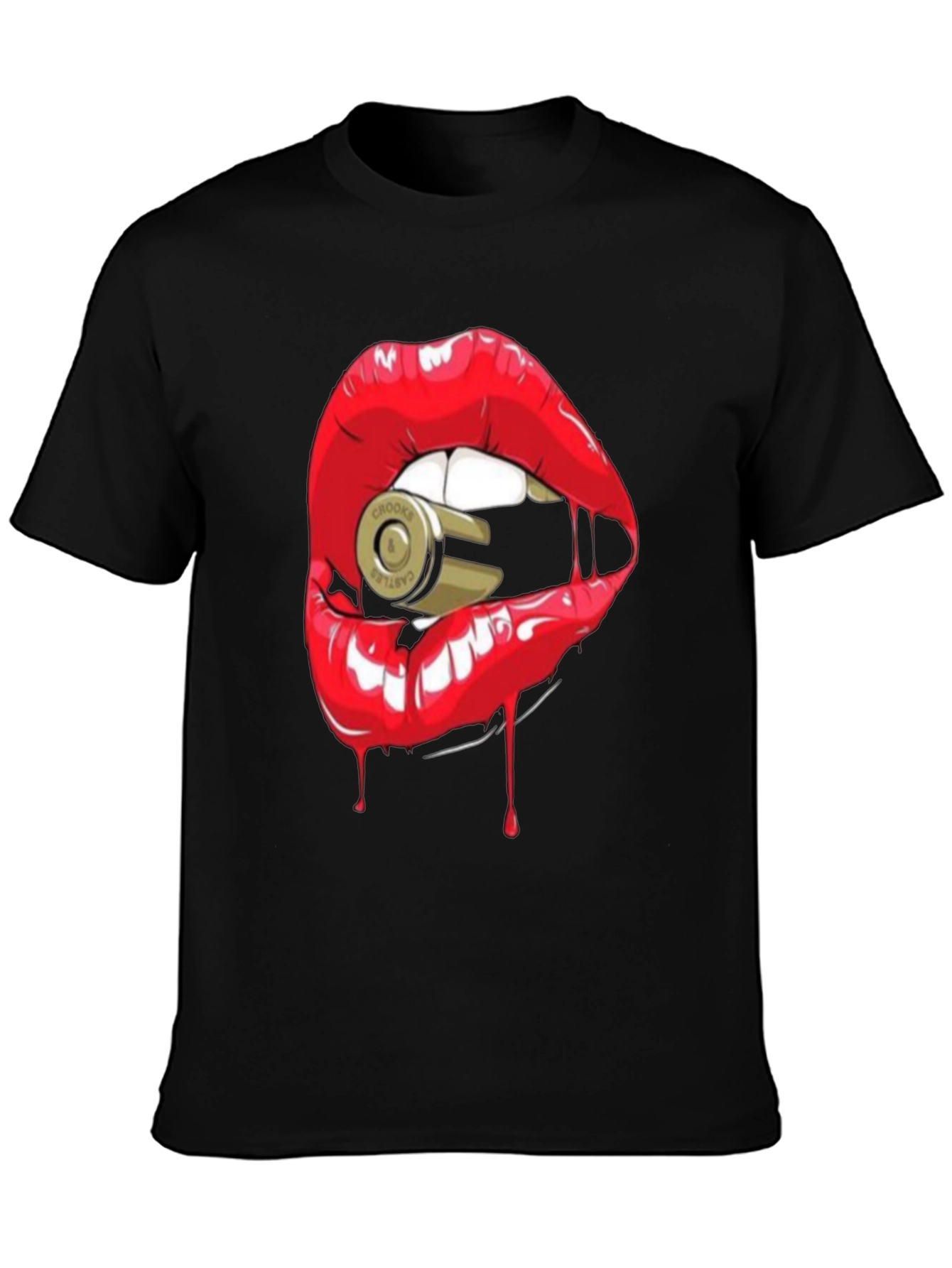 Red Lips Bullet Graphic Black T-Shirt