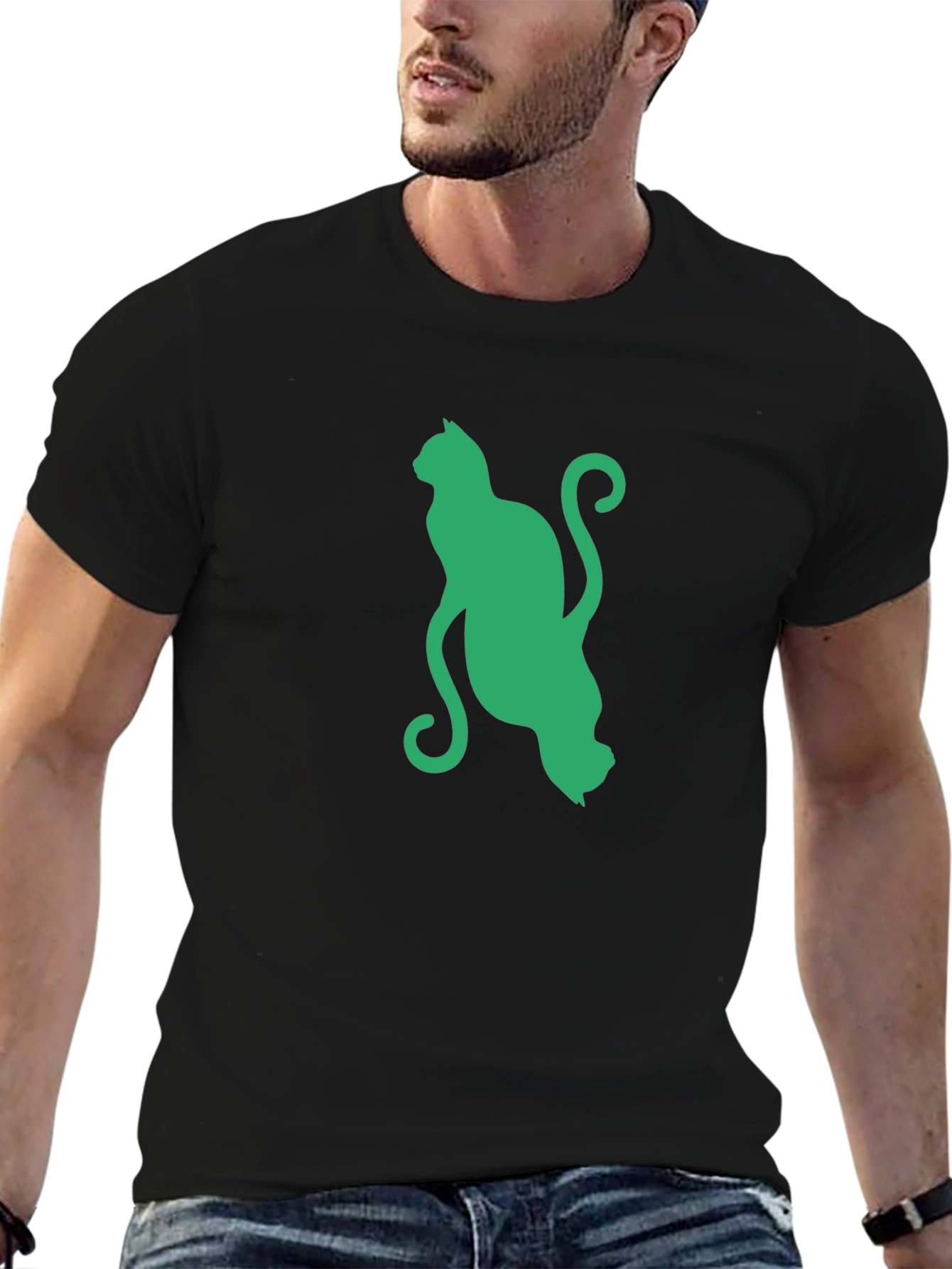 Green Cat Graphic Black T-Shirt