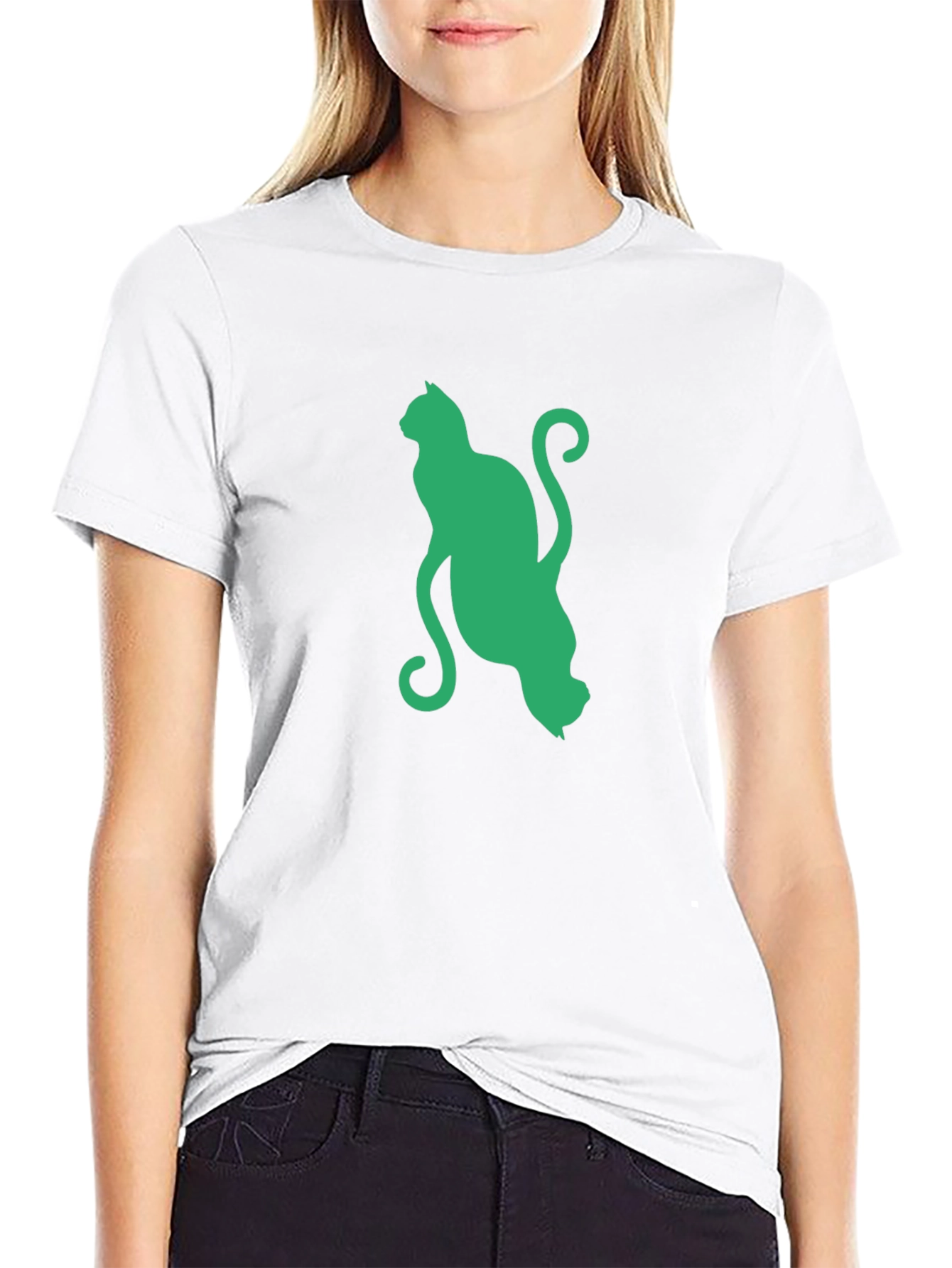 Green Cat Graphic Black T-Shirt