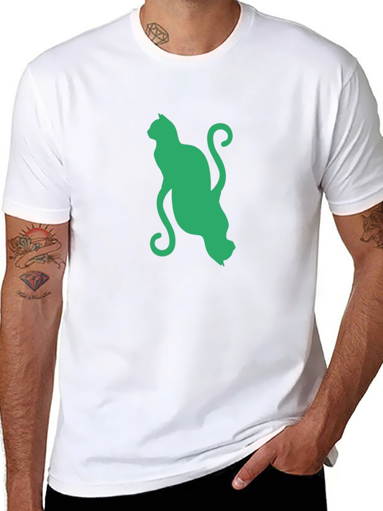 Green Cat Graphic Black T-Shirt
