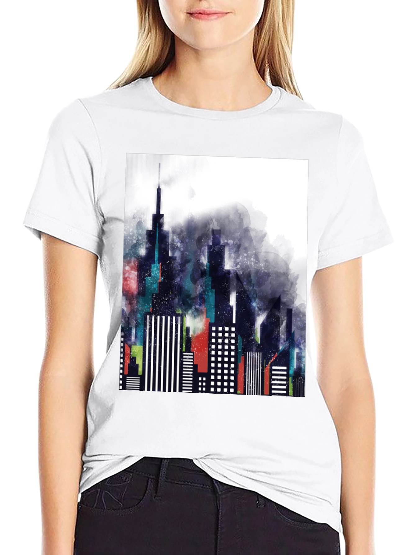 Modern Cityscape Graphic Tee - Black Cotton Blend