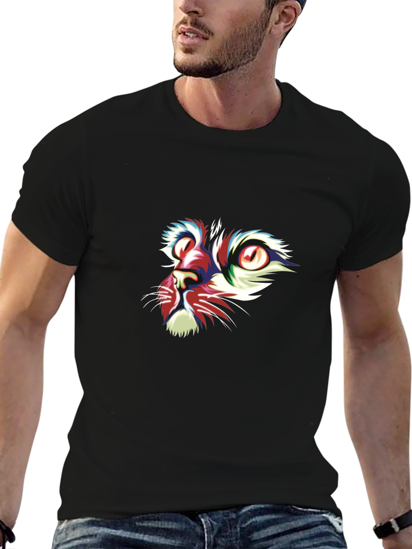 Abstract Cat Face Graphic Black T-Shirt