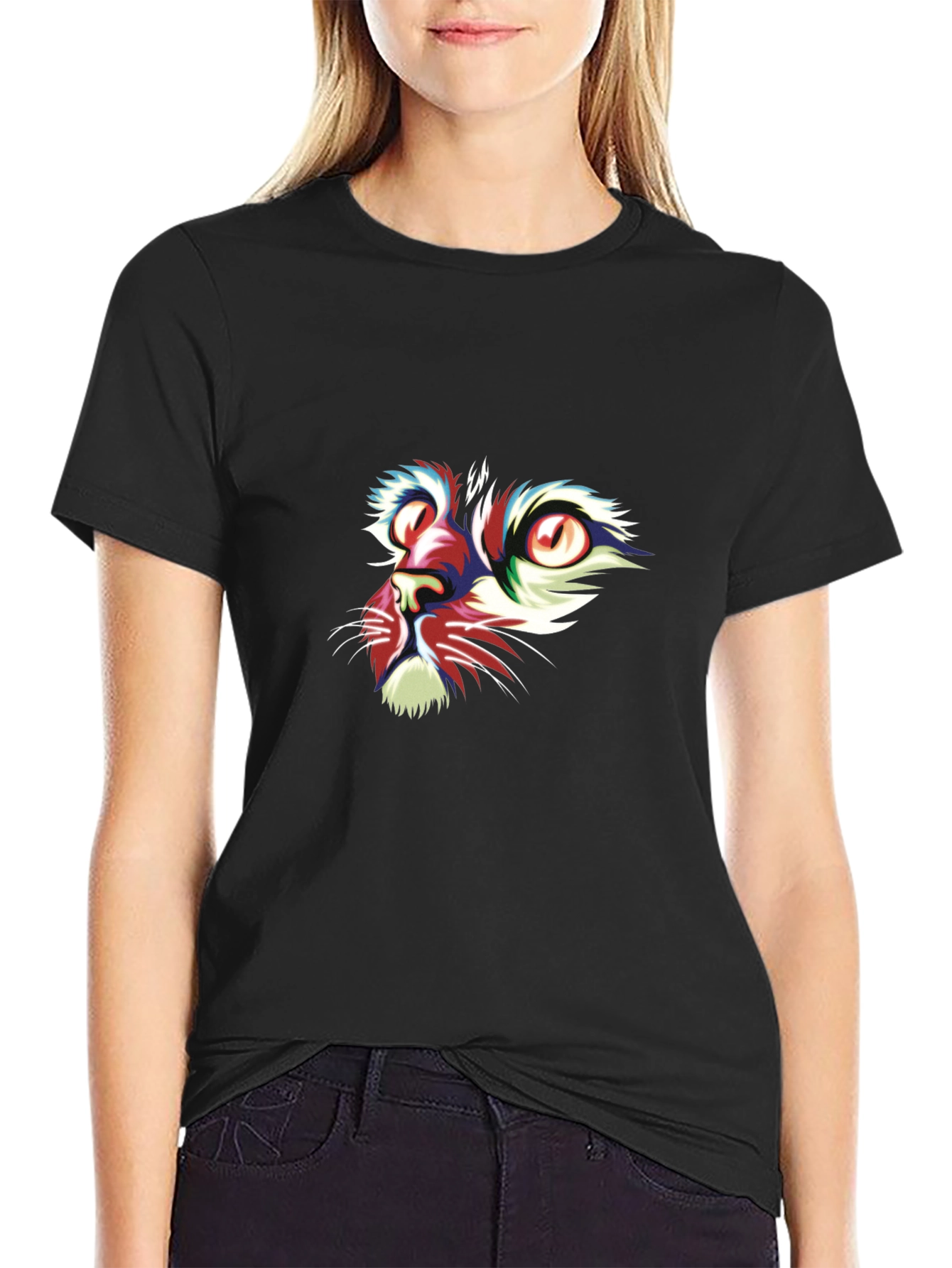 Abstract Cat Face Graphic Black T-Shirt