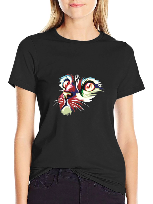 Abstract Cat Face Graphic Black T-Shirt