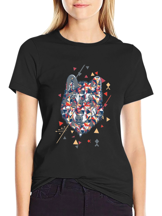 Geometric Wolf Graphic Print Black T-Shirt