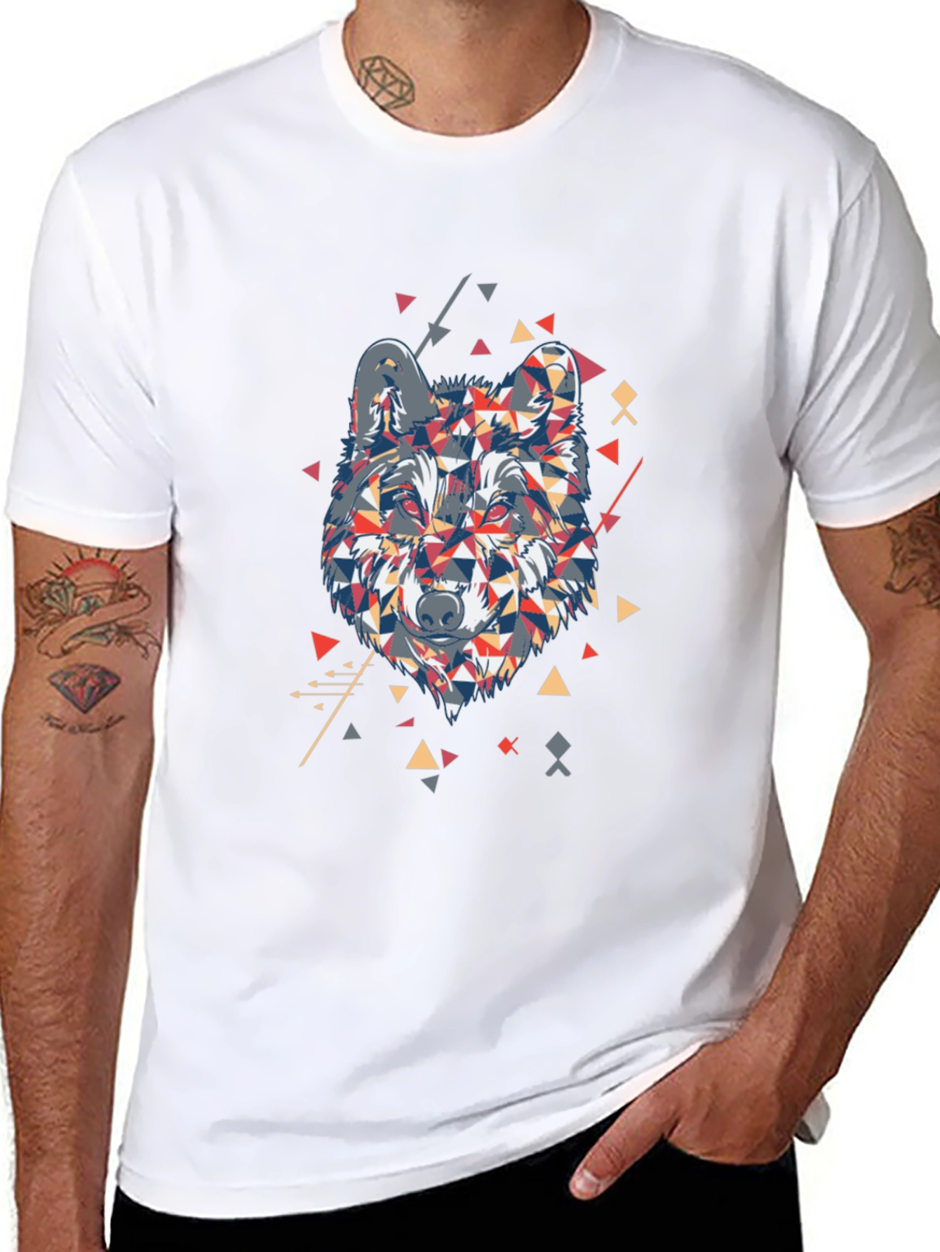 Geometric Wolf Graphic Print Black T-Shirt
