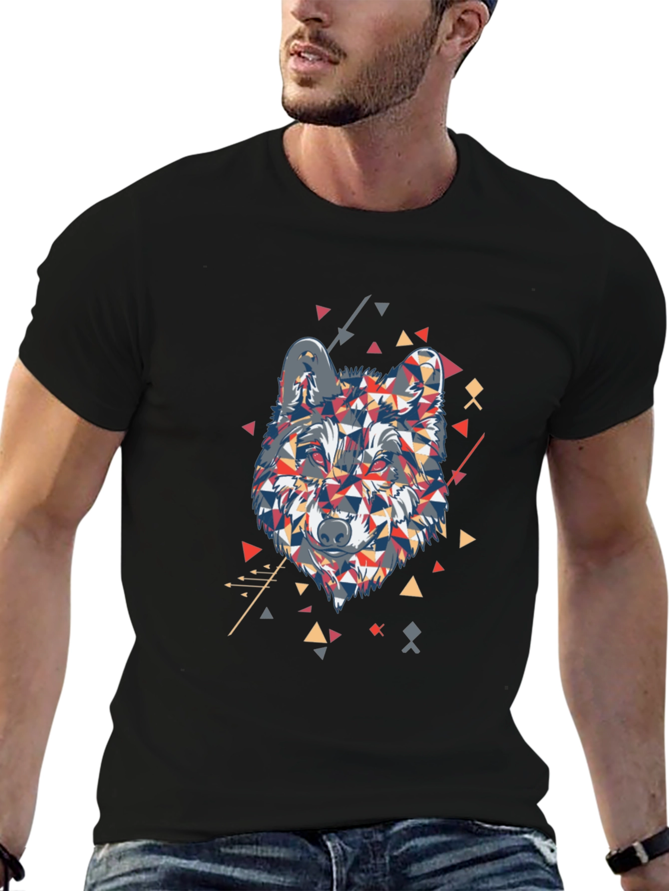 Geometric Wolf Graphic Print Black T-Shirt