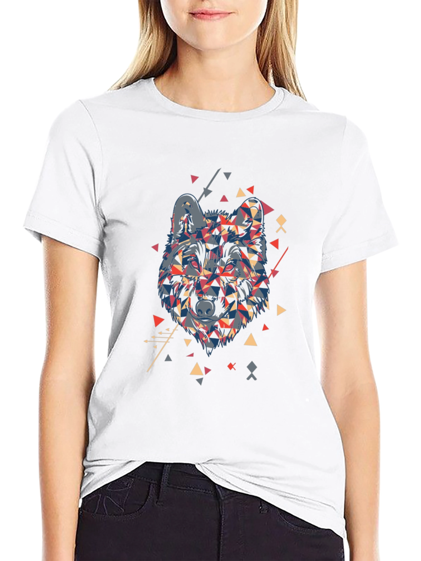 Geometric Wolf Graphic Print Black T-Shirt