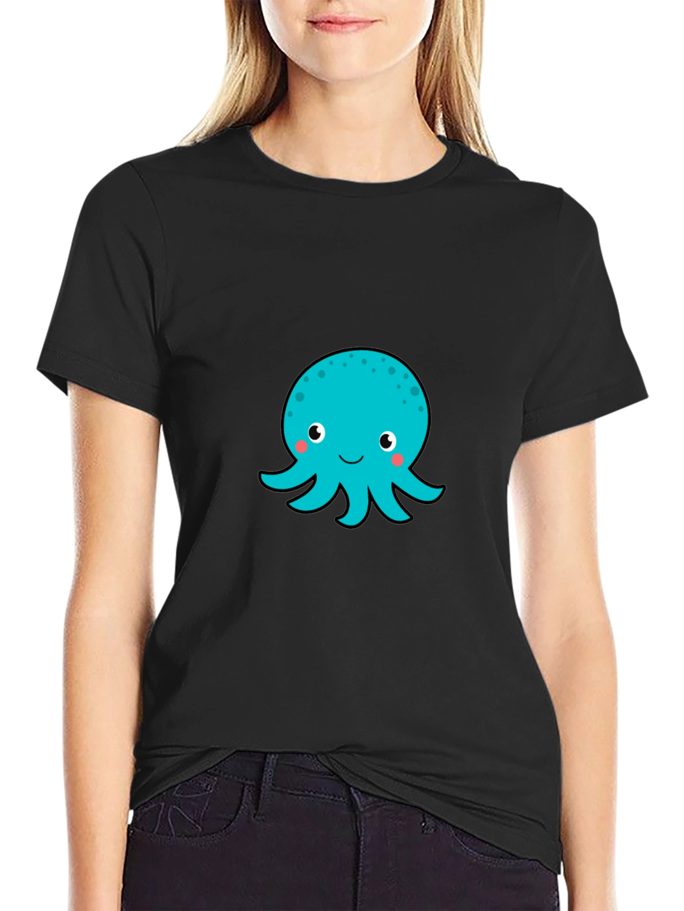 Cute Octopus Graphic T-Shirt - Black Cotton Blend