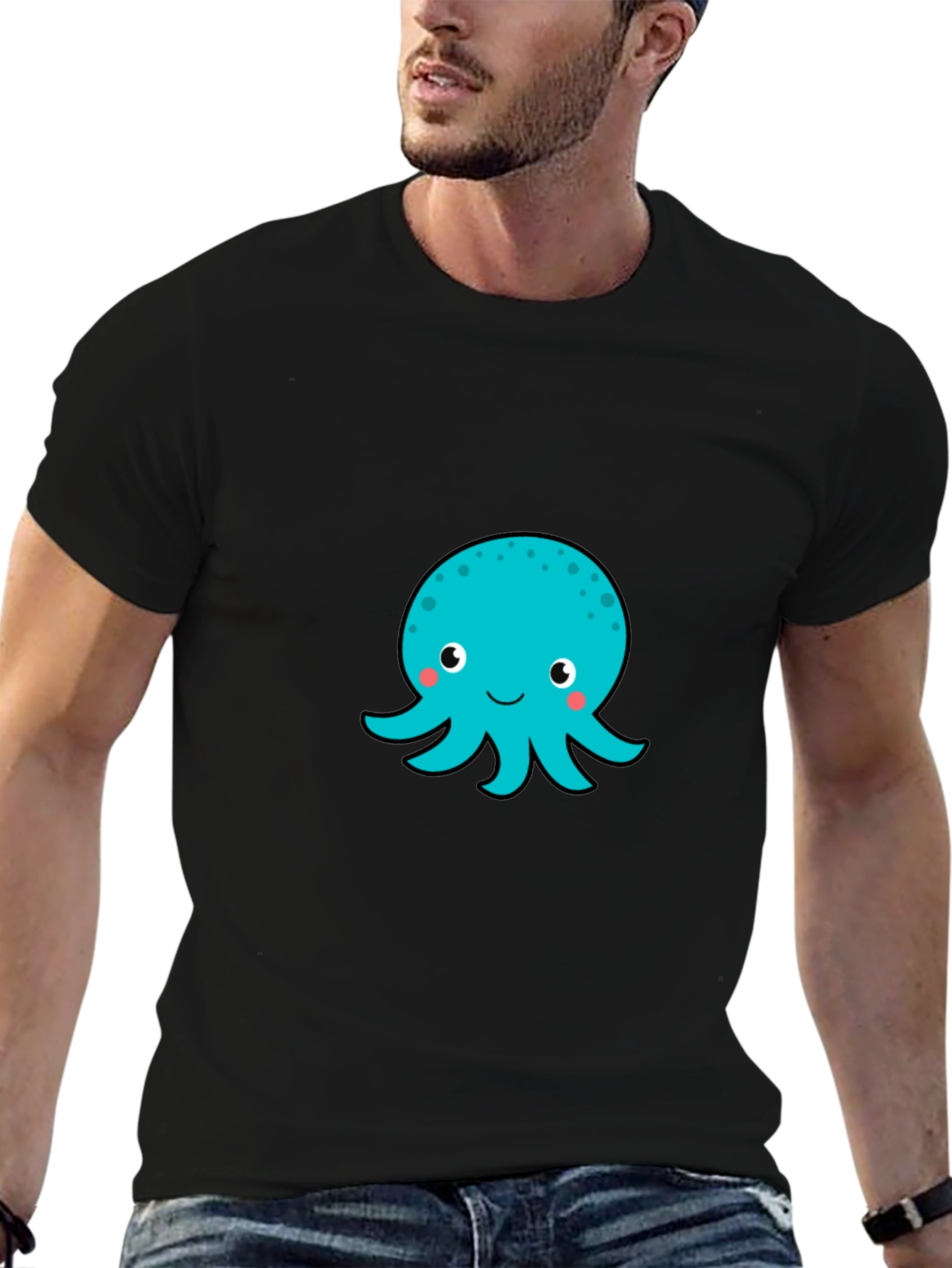 Cute Octopus Graphic T-Shirt - Black Cotton Blend