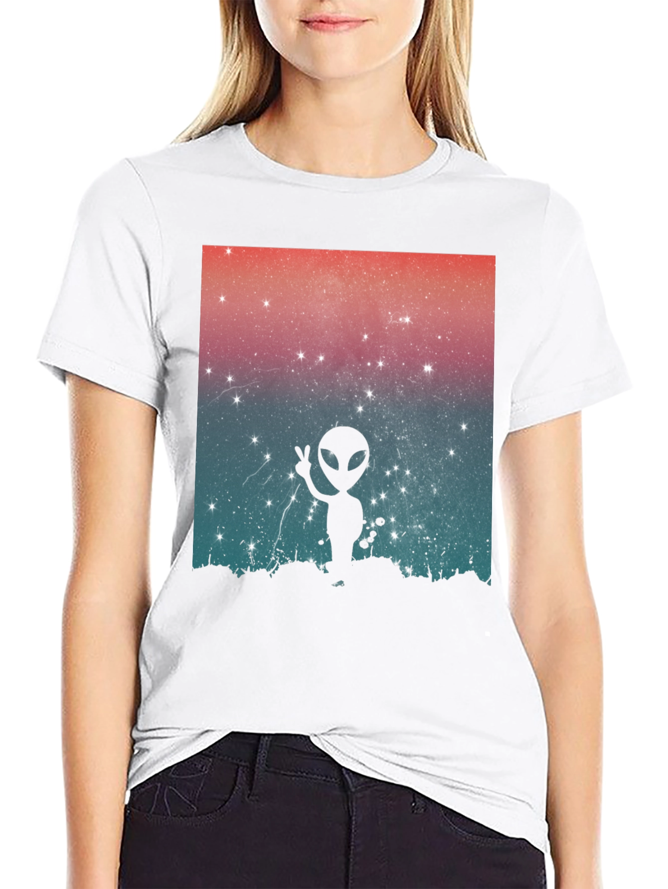 Alien Peace Sign Graphic Tee - Black Cotton Blend