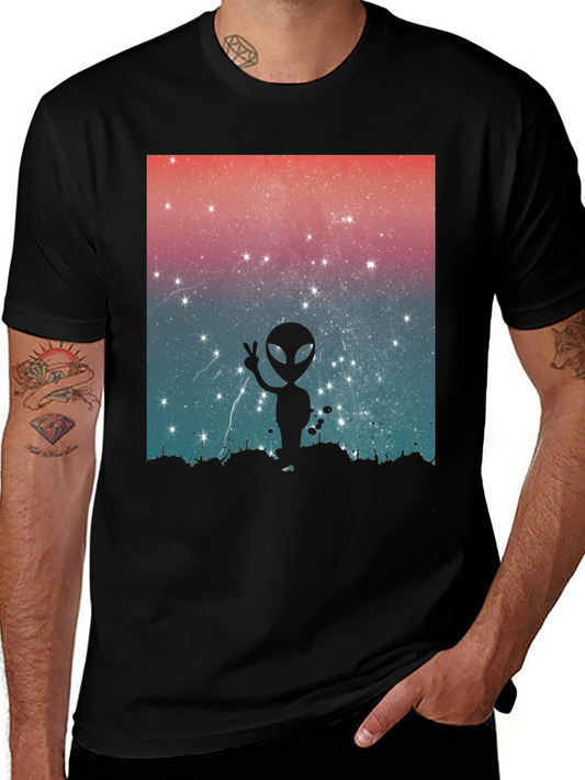 Alien Peace Sign Graphic Tee - Black Cotton Blend