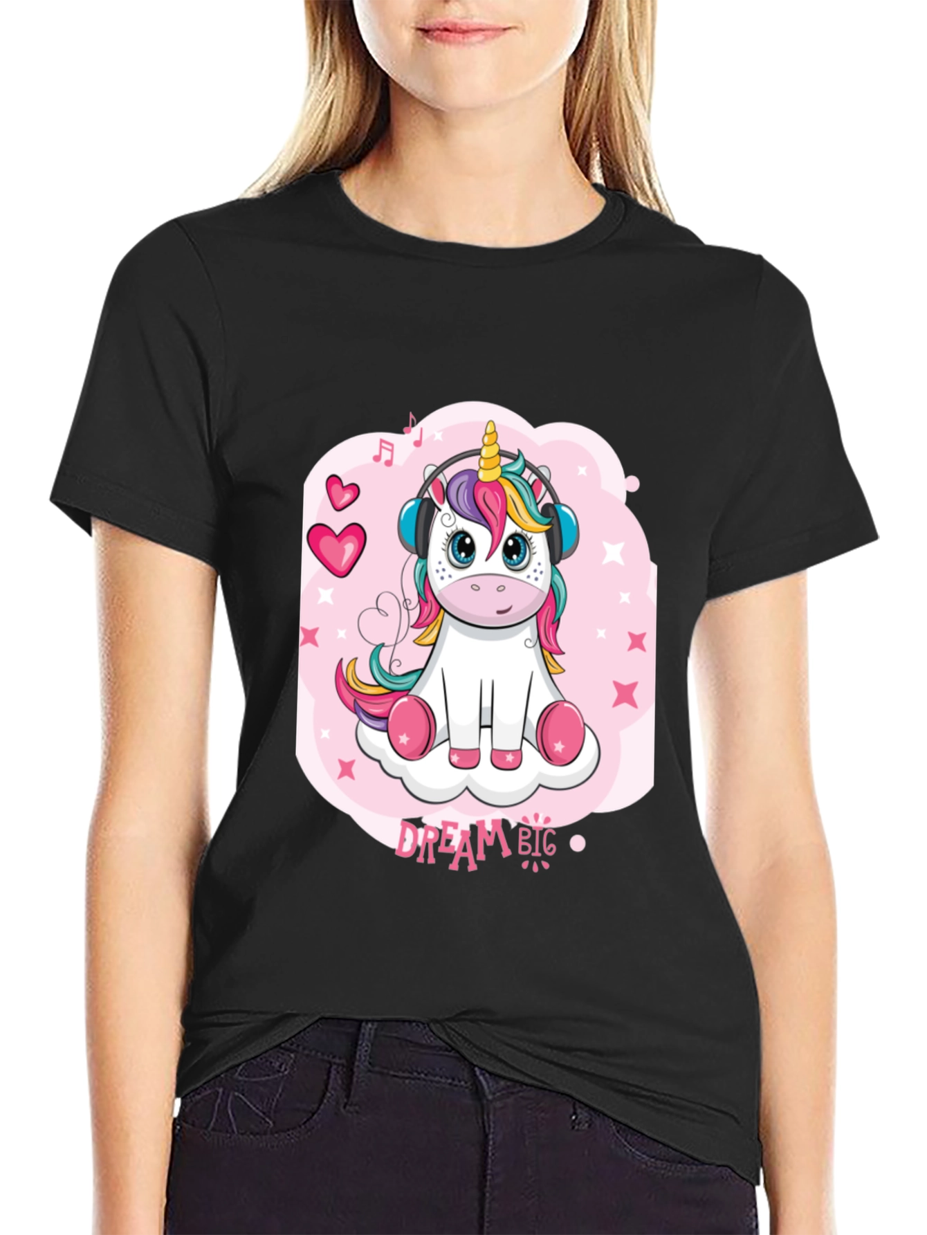 Cute Unicorn Dream Big Black T-Shirt