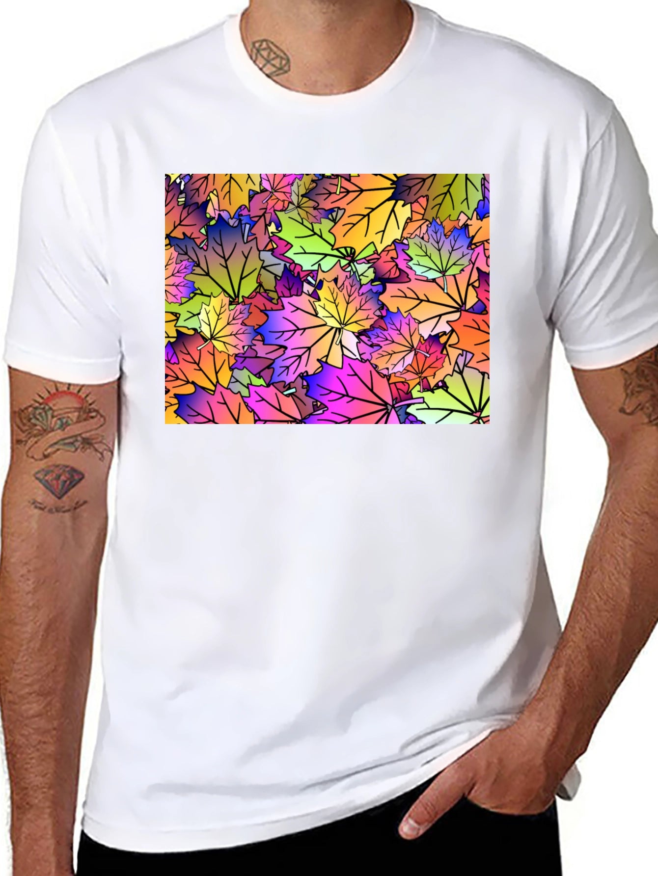 Maple Leaf Pattern Black T-Shirt