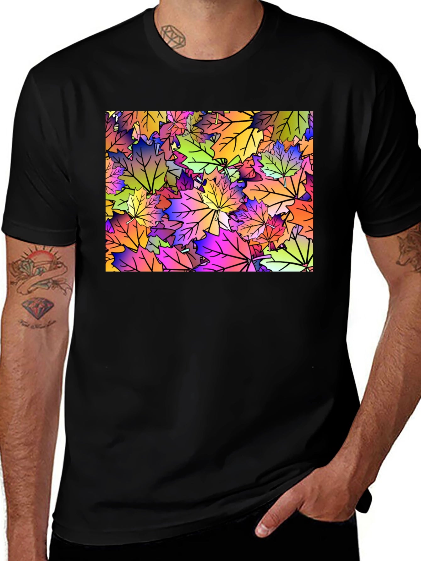 Maple Leaf Pattern Black T-Shirt