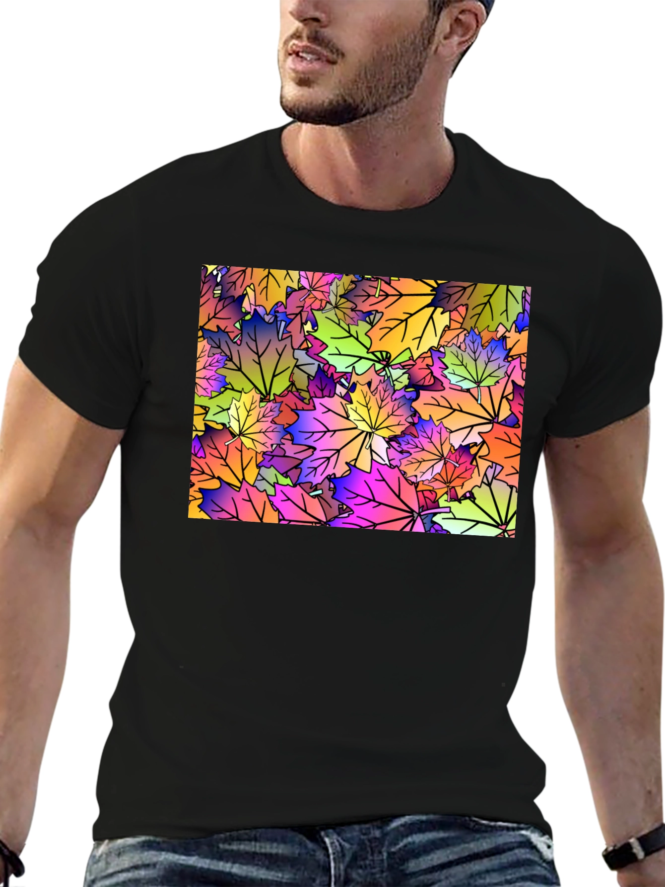 Maple Leaf Pattern Black T-Shirt