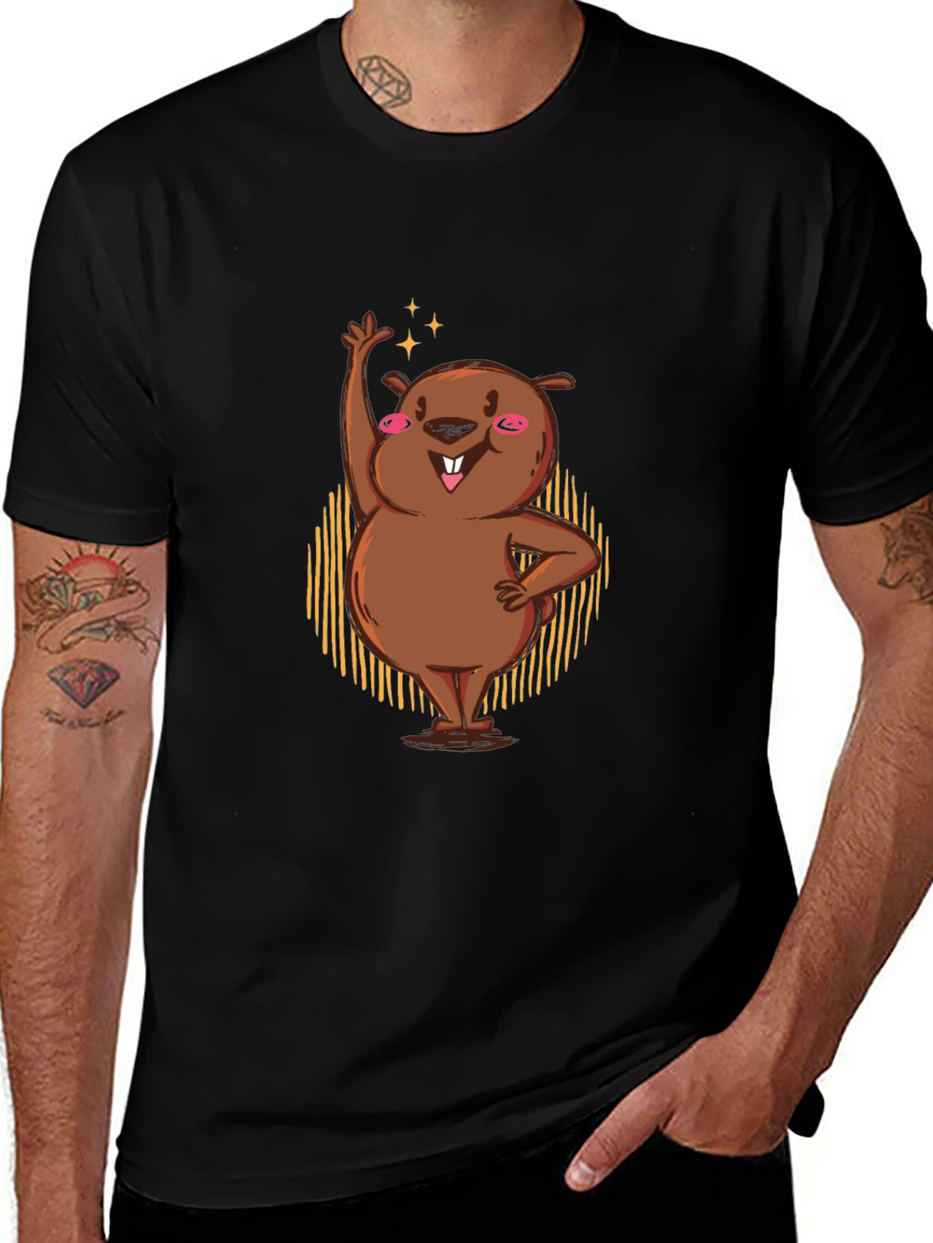 Funny Cartoon Beaver Waving Graphic Tee