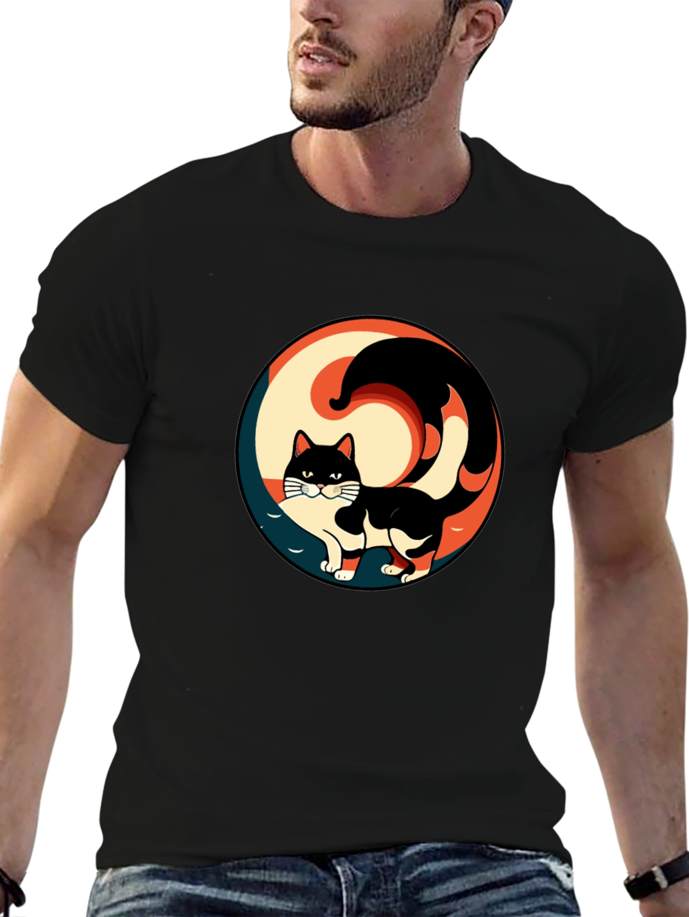 Yin Yang Cat Graphic Tee - Stylish Black T-Shirt