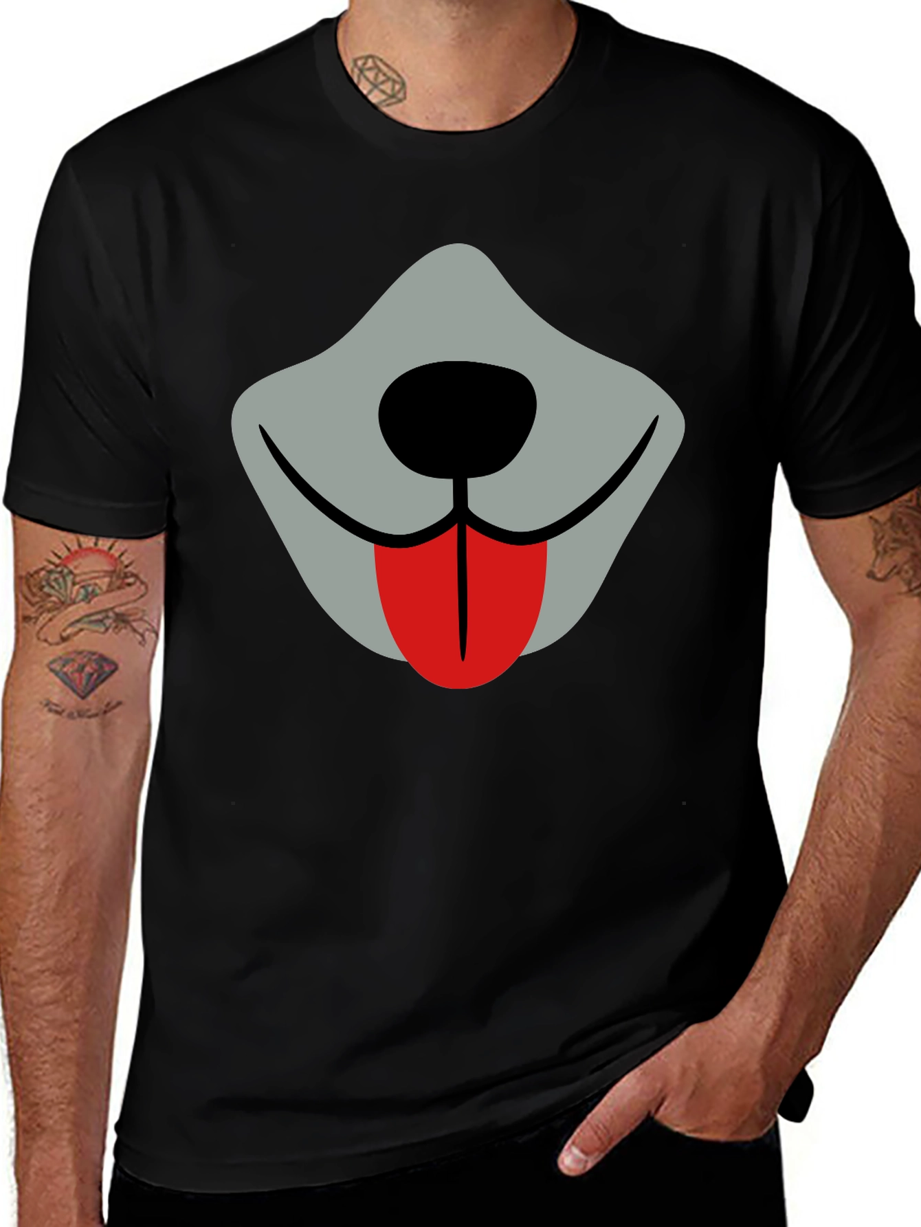 Funny Dog Face Graphic Tee - Black Crew Neck