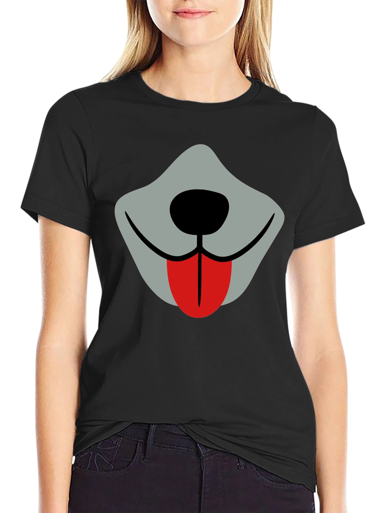 Funny Dog Face Graphic Tee - Black Crew Neck
