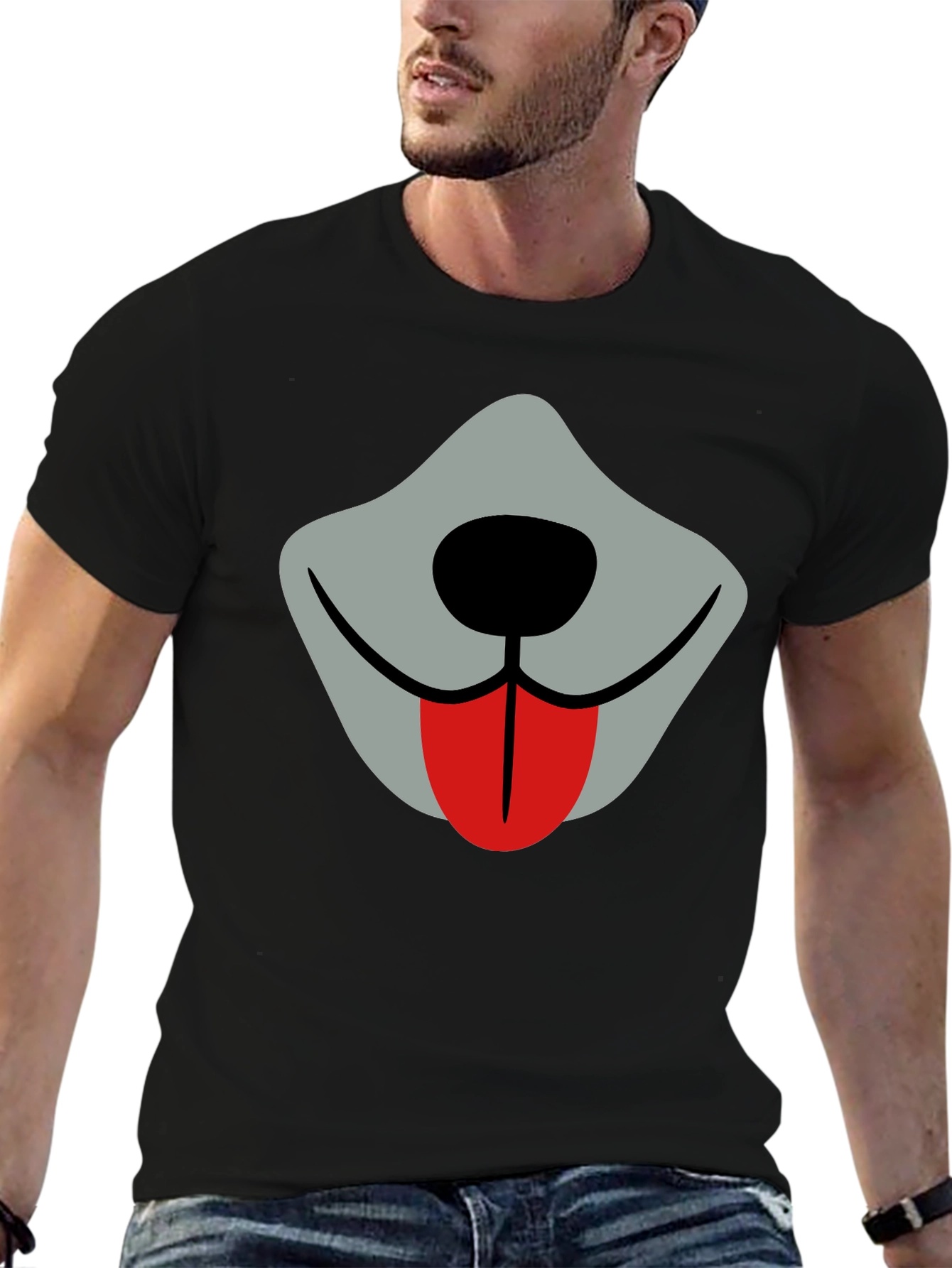 Funny Dog Face Graphic Tee - Black Crew Neck