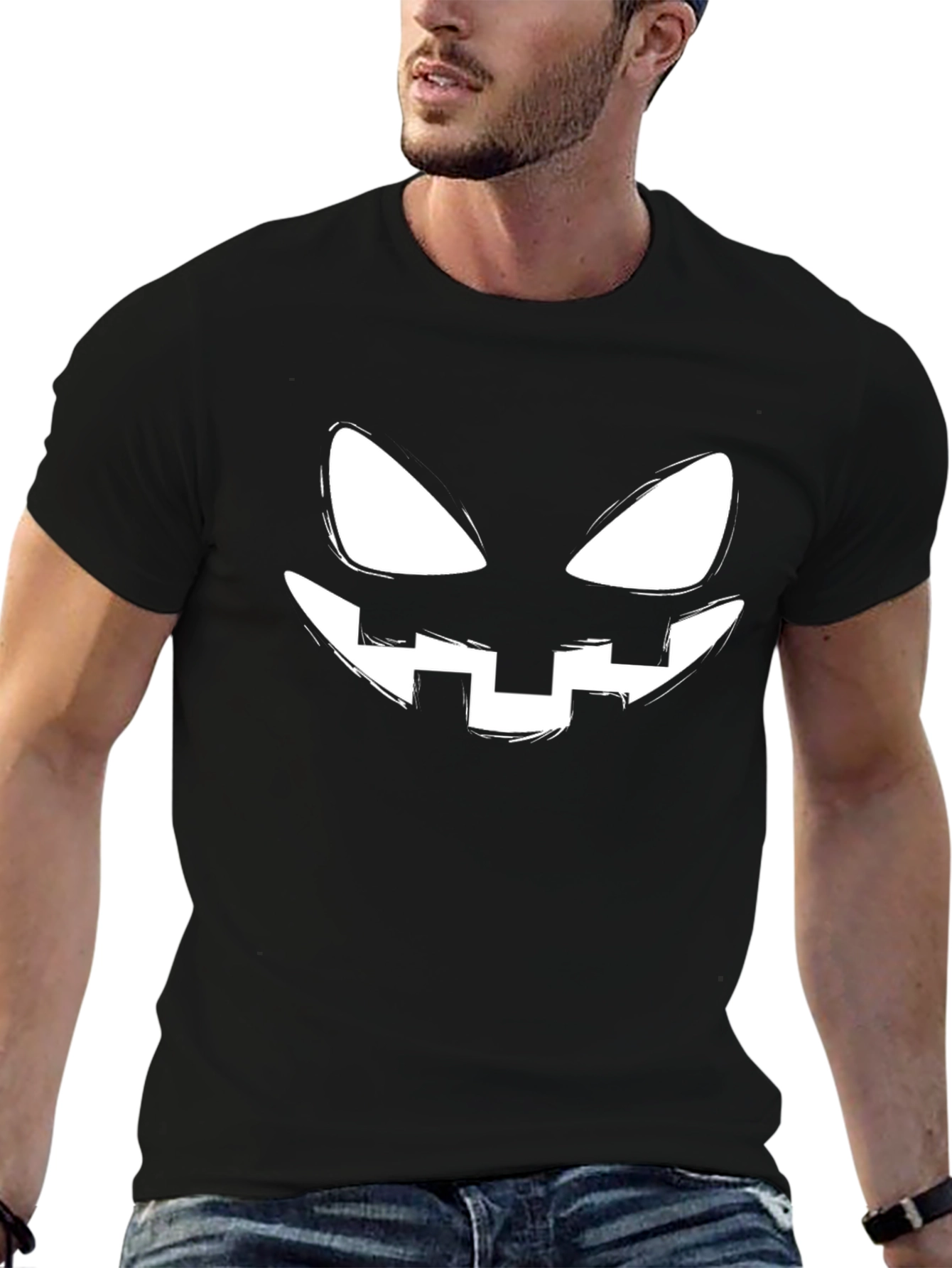 Halloween Pumpkin Face Graphic Tee - Black