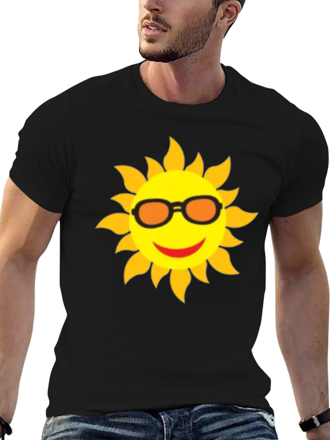 Happy Sun Graphic Tee - Black Cotton T-Shirt
