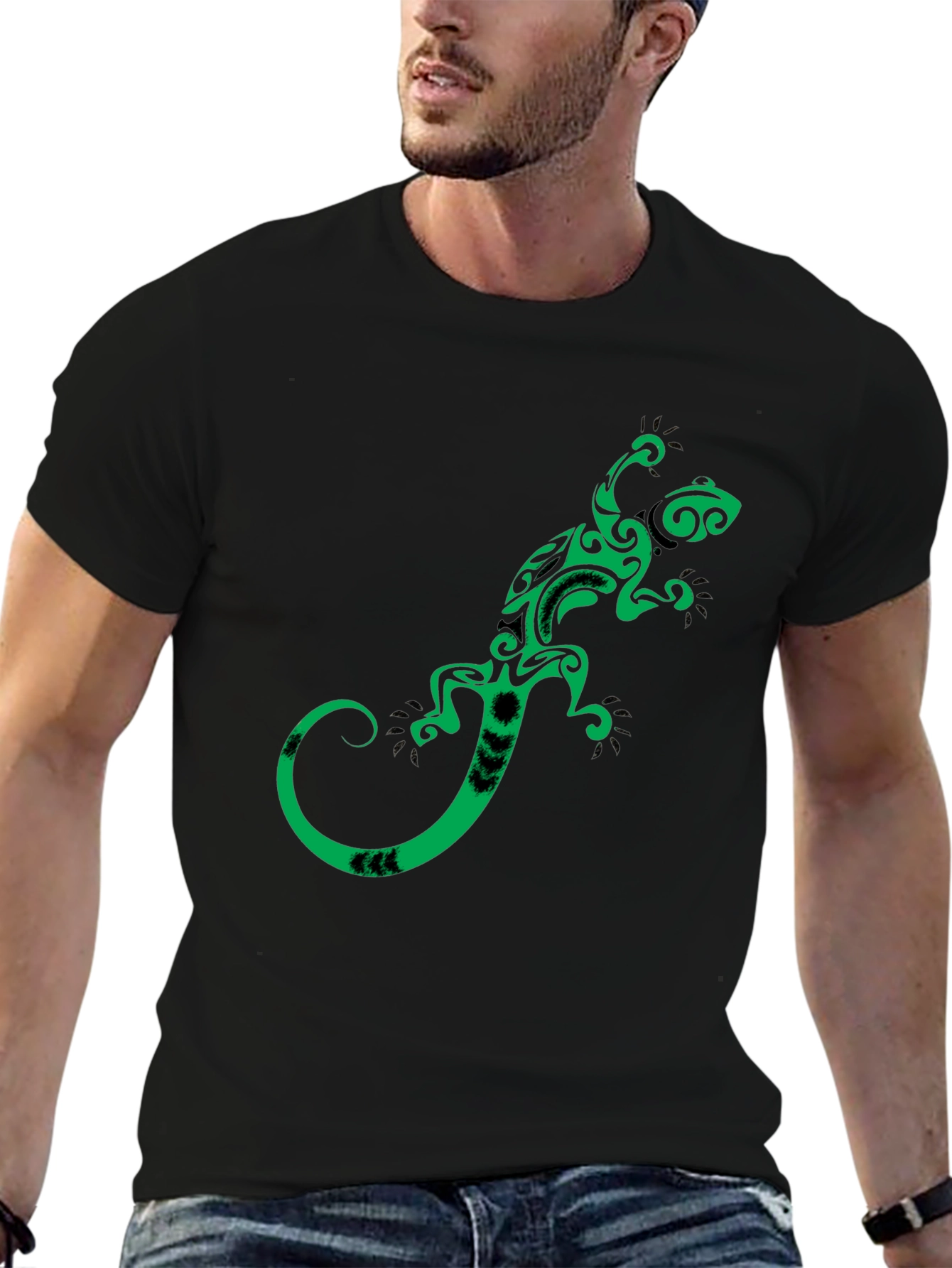 Tribal Gecko Graphic Tee - Stylish Black T-Shirt