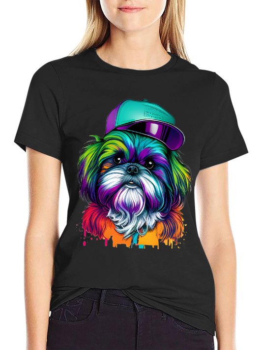 Dog with Hat Graphic Tee - Colorful Shih Tzu Design