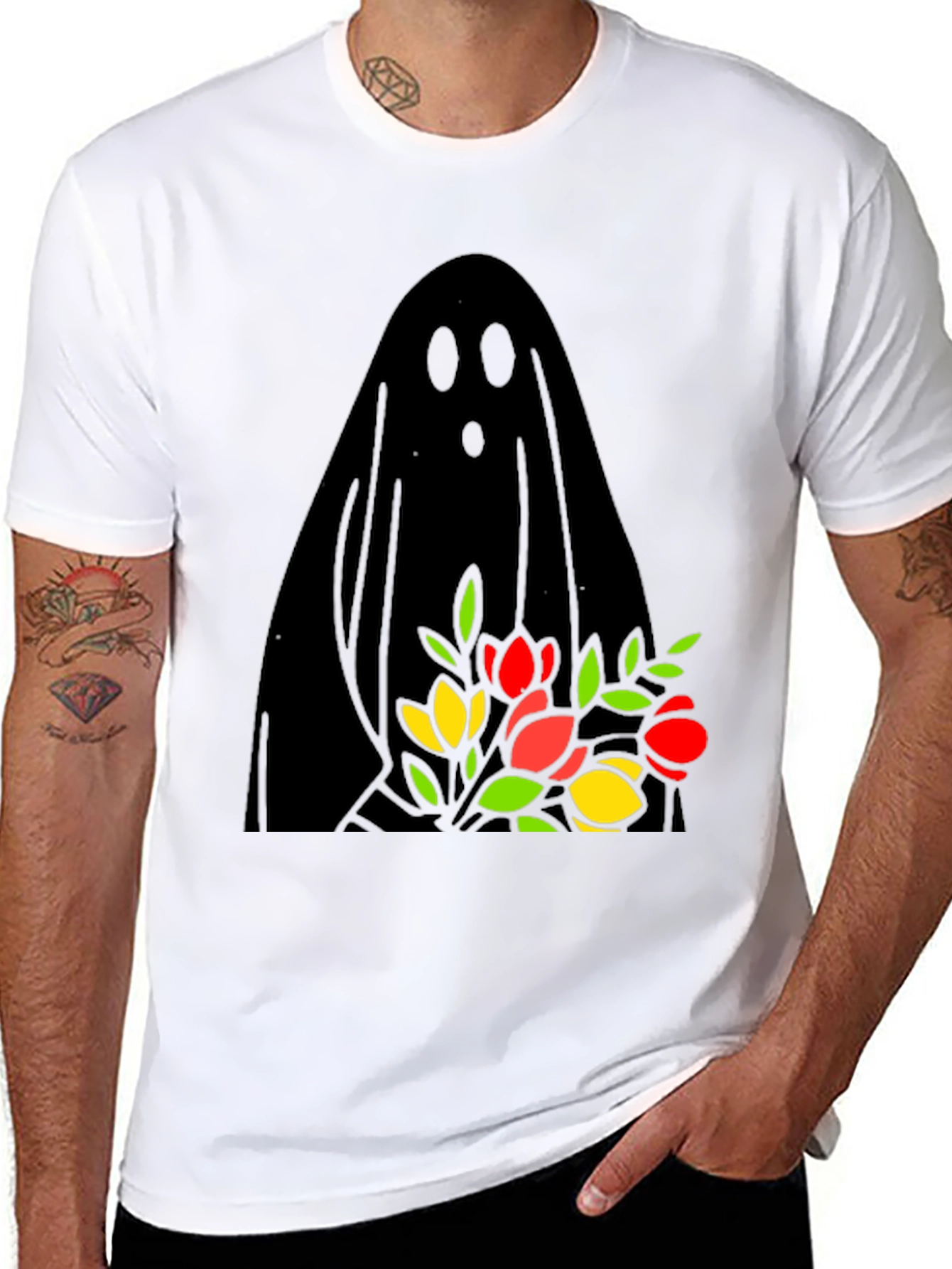 Ghost Holding Flowers Graphic Tee - Spooky Season