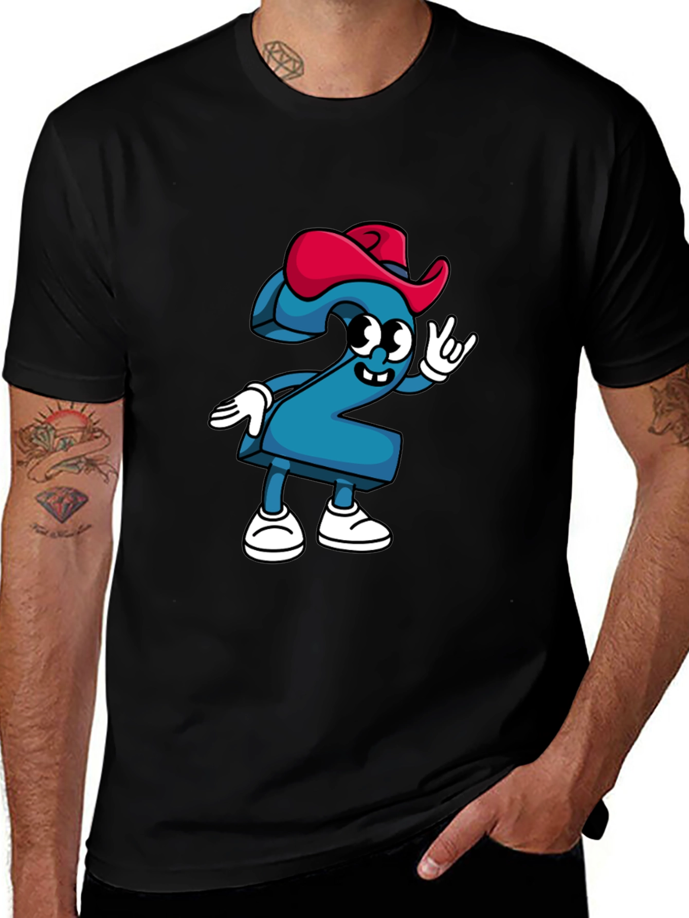 Cartoon Number Two Graphic Tee - Black Cotton T-Shirt