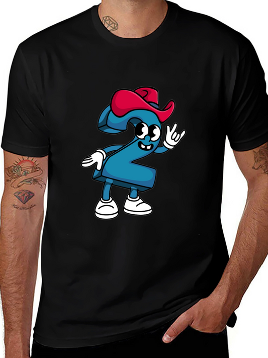 Cartoon Number Two Graphic Tee - Black Cotton T-Shirt